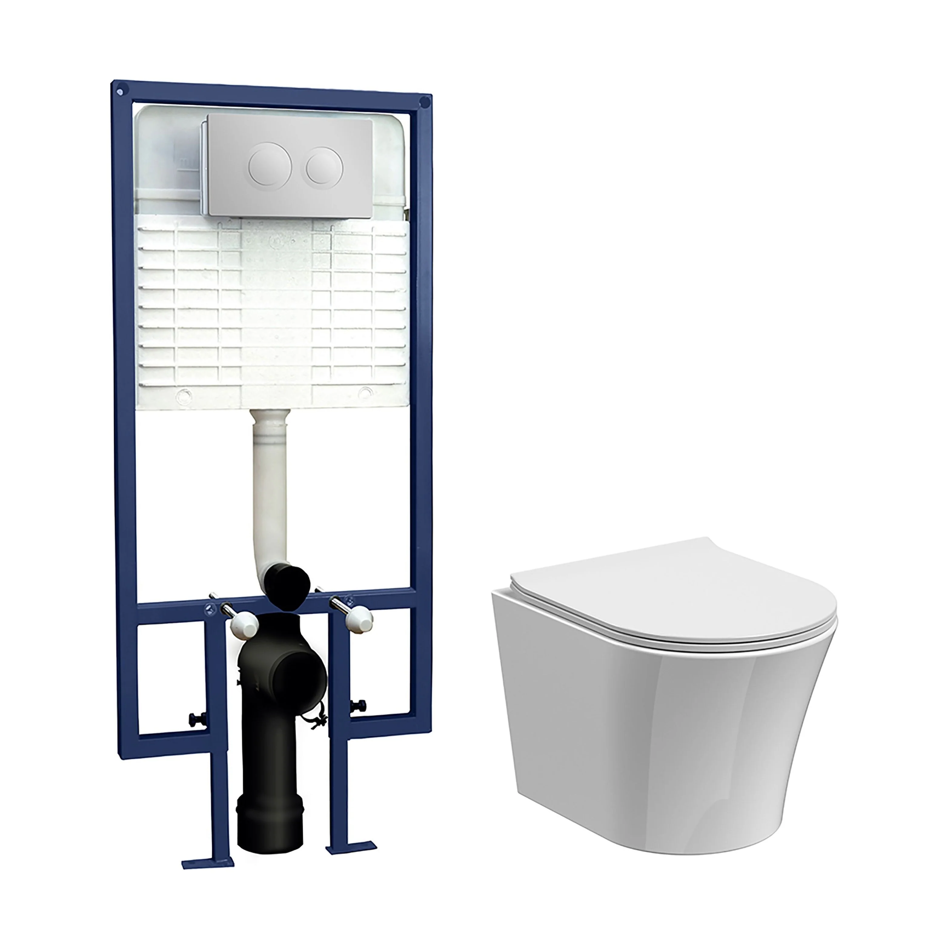 Quinn Round Wall Hung Toilet Pan, Soft Close Seat & Concealed Cistern with Round Push Button Plate, 325mm - Balterley