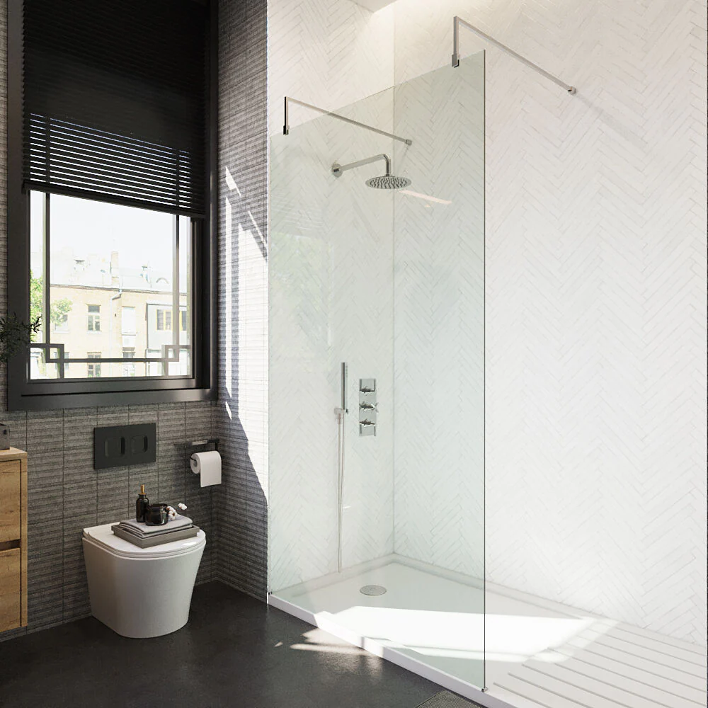 Balterley Contemporary Bathroom 8mm Glass Wetroom Screen with Arms & Feet, Chrome Finish, 1950 x 698 x 14mm - Image 34