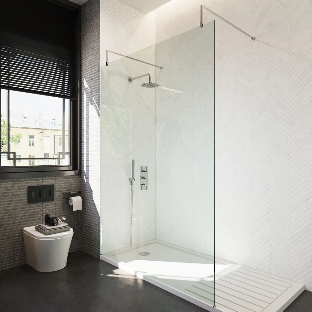 Balterley Contemporary Bathroom 8mm Glass Wetroom Screen with Arms & Feet, Chrome Finish, 1950 x 698 x 14mm - Image 46