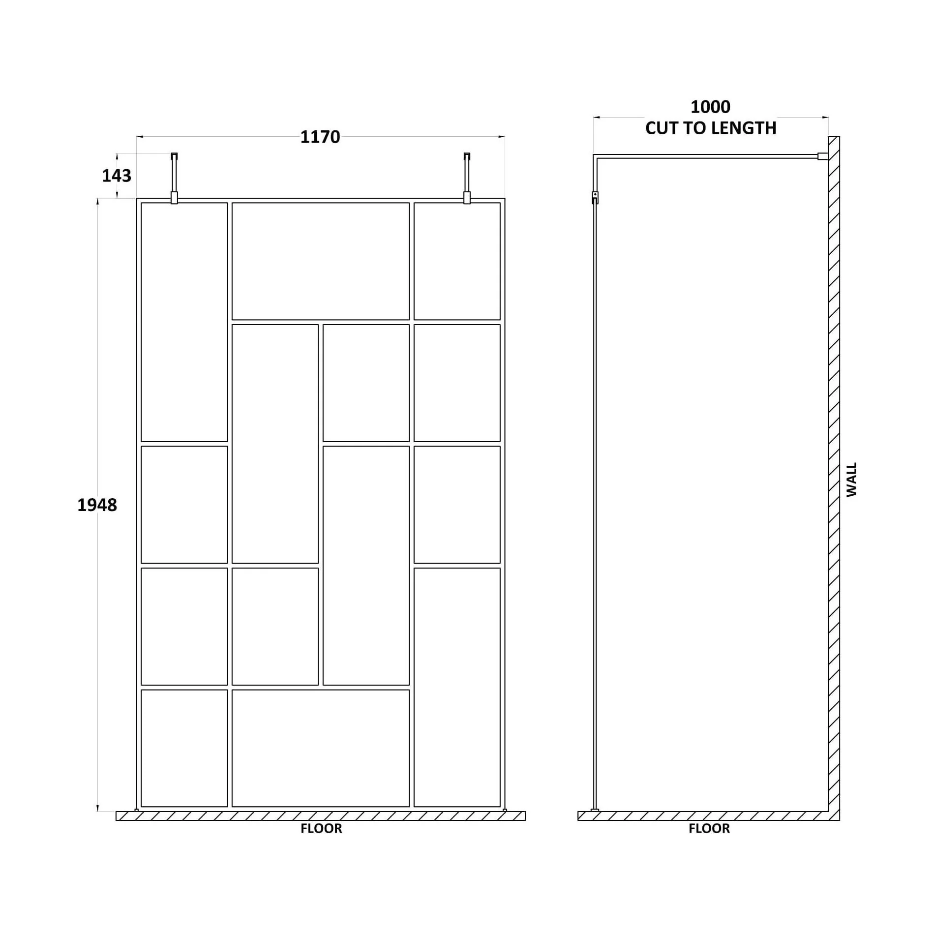 Balterley Contemporary Bathroom Abstract Frame Design 8mm Glass Wetroom Screen with Arms and Feet, 1950 x 750 x 60mm, Matt Black - Image 10