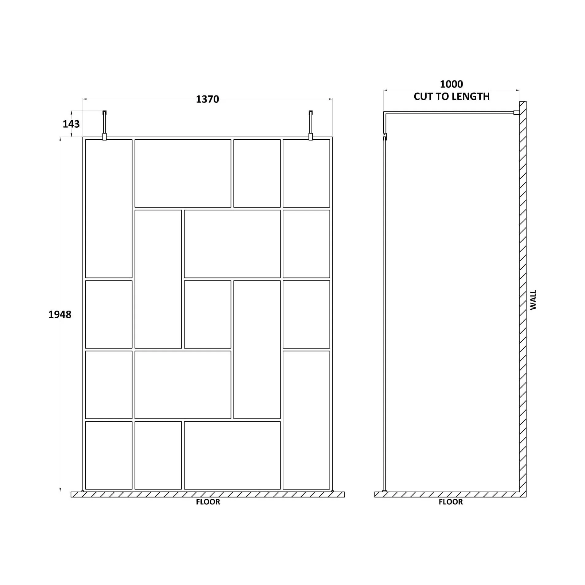 Balterley Contemporary Bathroom Abstract Frame Design 8mm Glass Wetroom Screen with Arms and Feet, 1950 x 750 x 60mm, Matt Black - Image 11