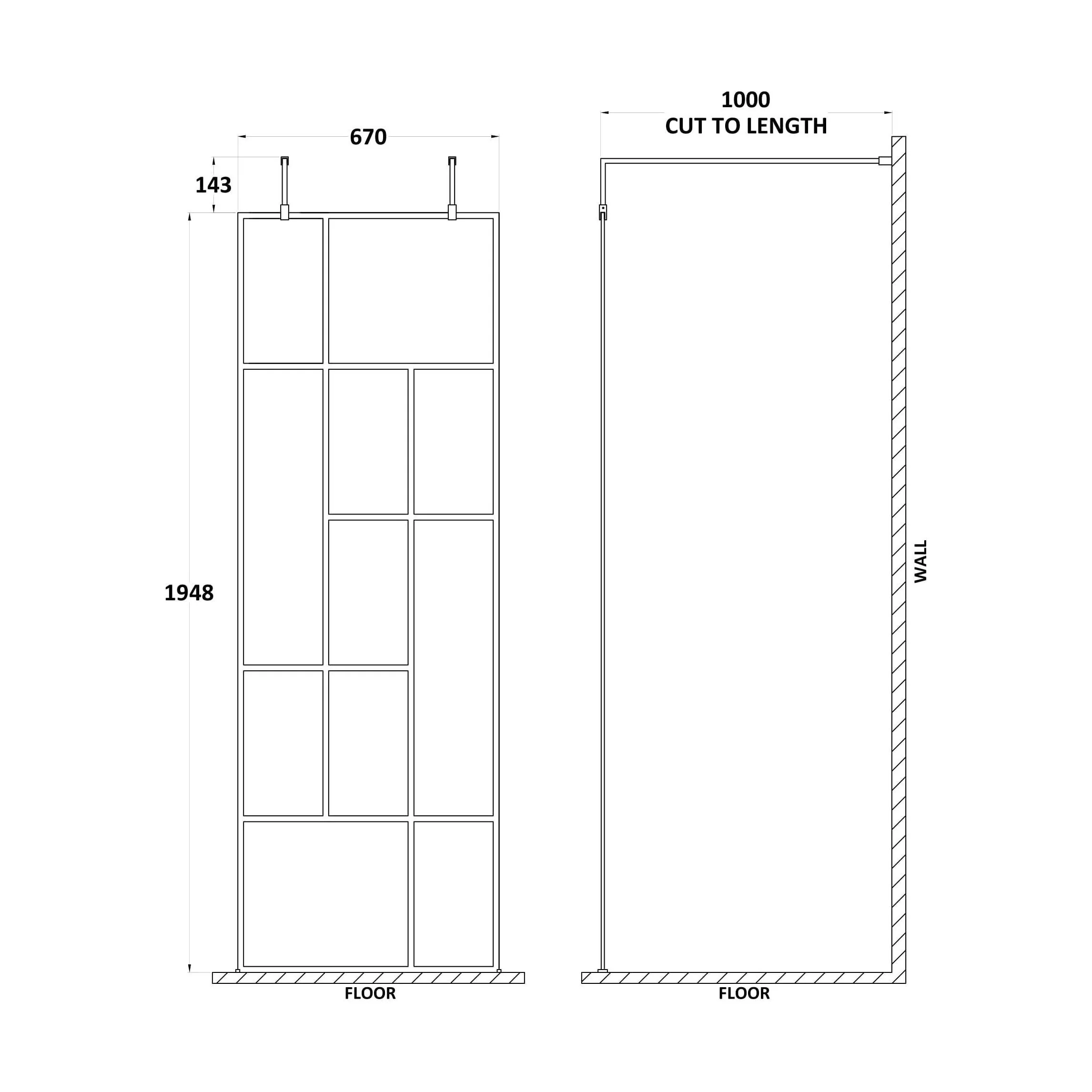 Balterley Contemporary Bathroom Abstract Frame Design 8mm Glass Wetroom Screen with Arms and Feet, 1950 x 750 x 60mm, Matt Black - Image 12