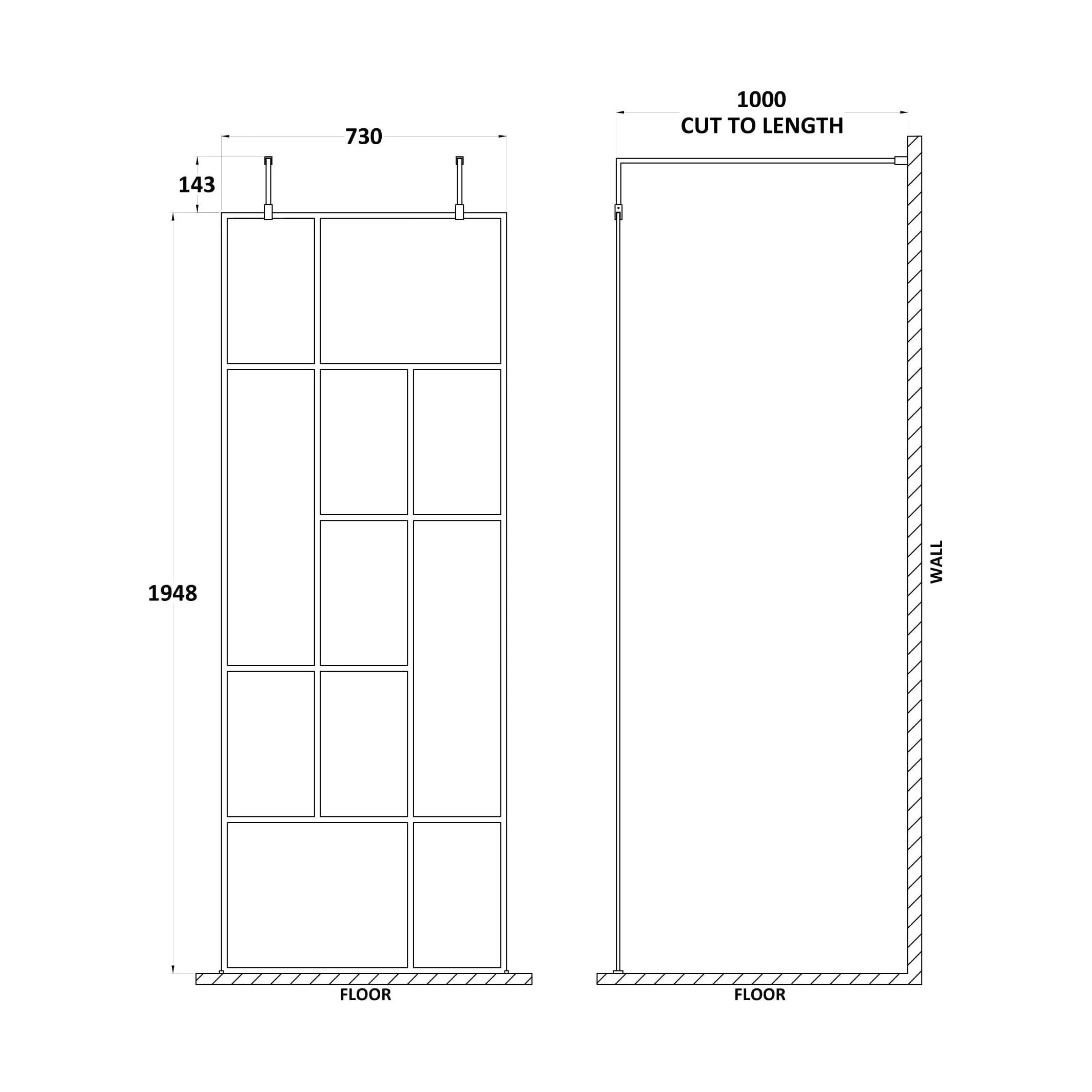 Balterley Contemporary Bathroom Abstract Frame Design 8mm Glass Wetroom Screen with Arms and Feet, 1950 x 750 x 60mm, Matt Black - Image 13