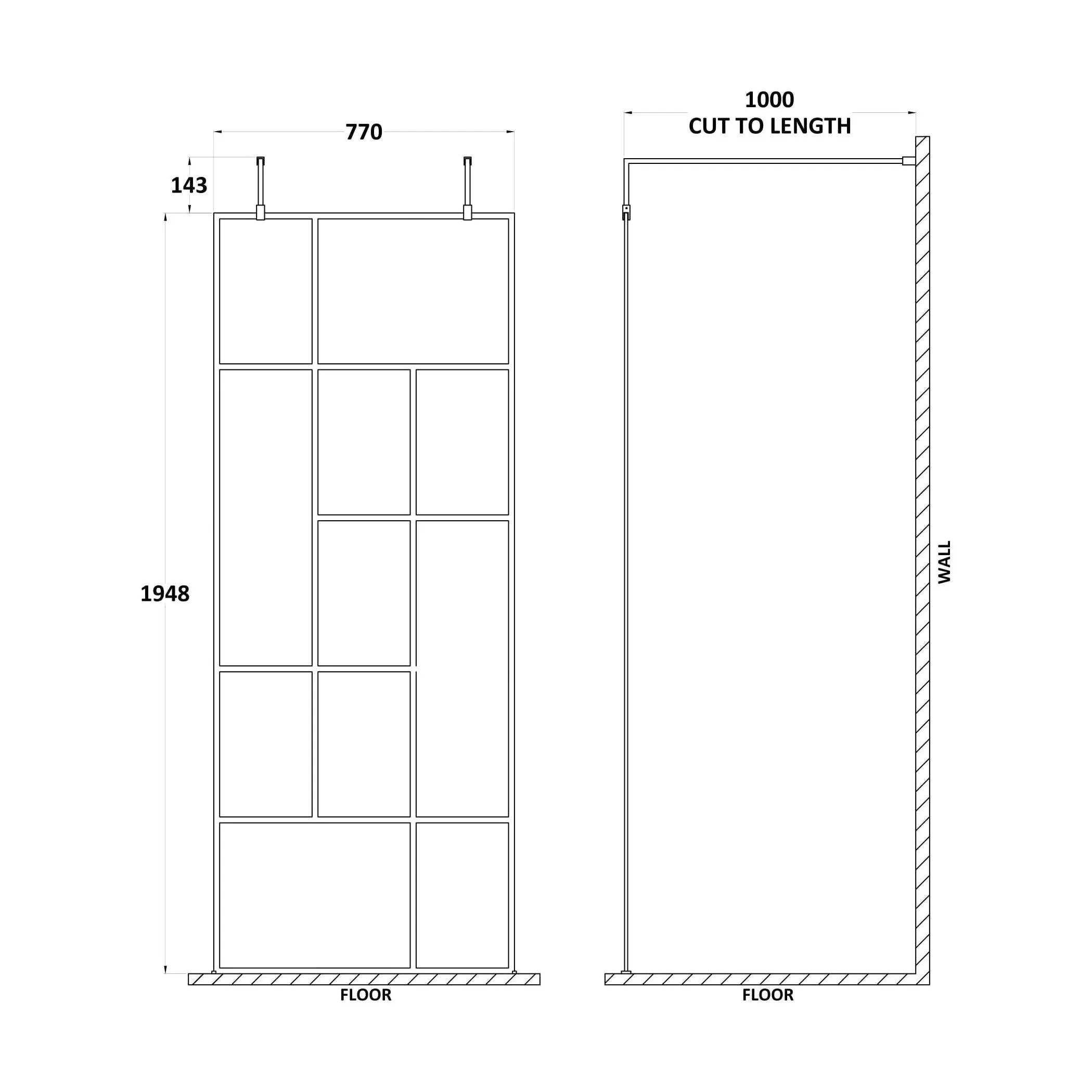 Balterley Contemporary Bathroom Abstract Frame Design 8mm Glass Wetroom Screen with Arms and Feet, 1950 x 750 x 60mm, Matt Black - Image 14