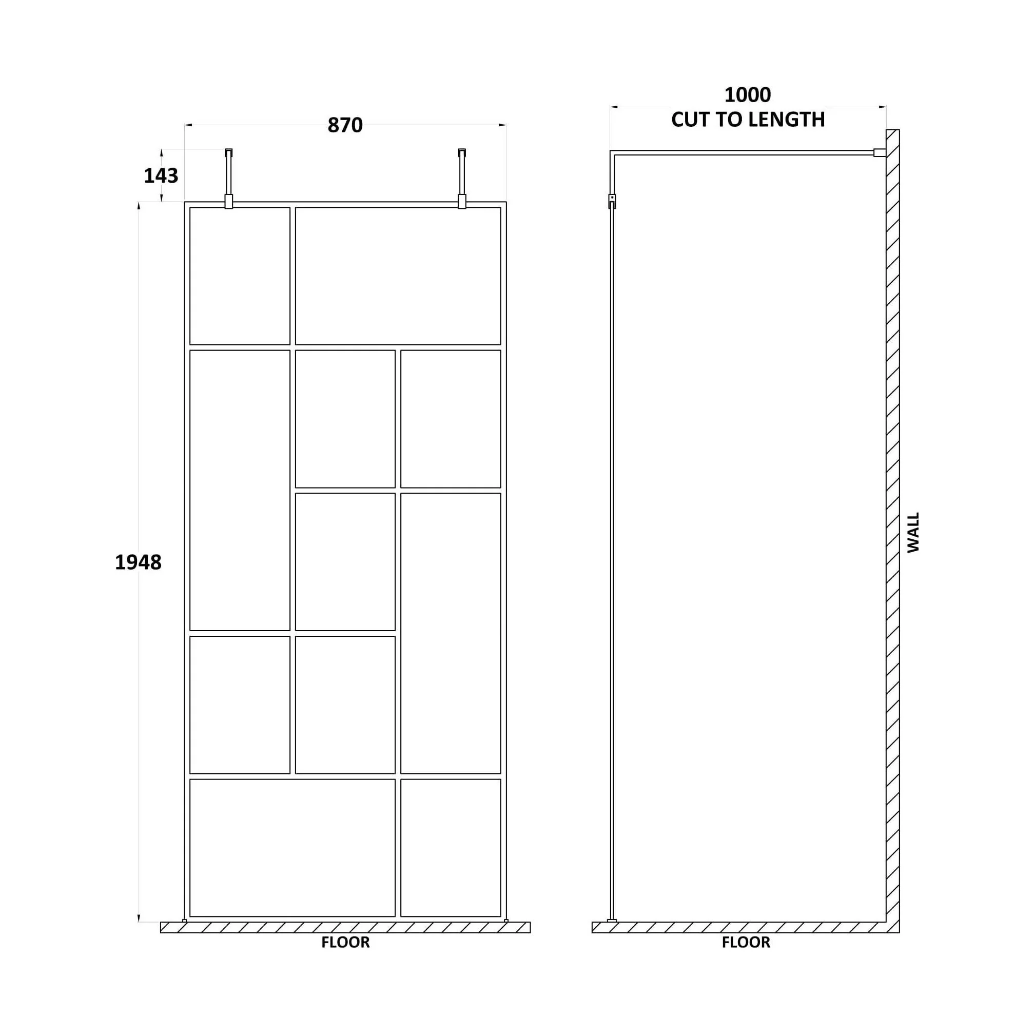 Balterley Contemporary Bathroom Abstract Frame Design 8mm Glass Wetroom Screen with Arms and Feet, 1950 x 750 x 60mm, Matt Black - Image 15