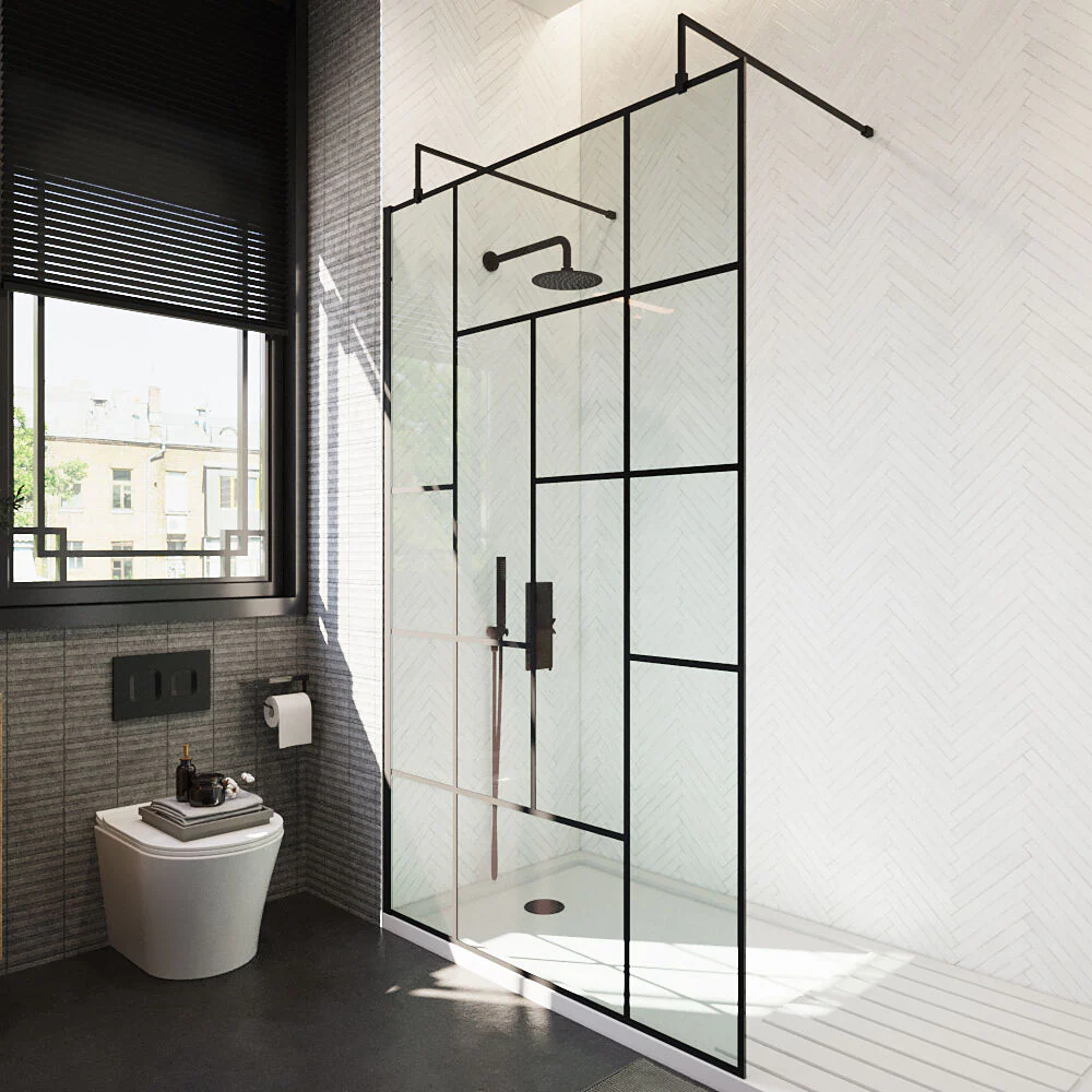 Balterley Contemporary Bathroom Abstract Frame Design 8mm Glass Wetroom Screen with Arms and Feet, 1950 x 750 x 60mm, Matt Black - Image 7