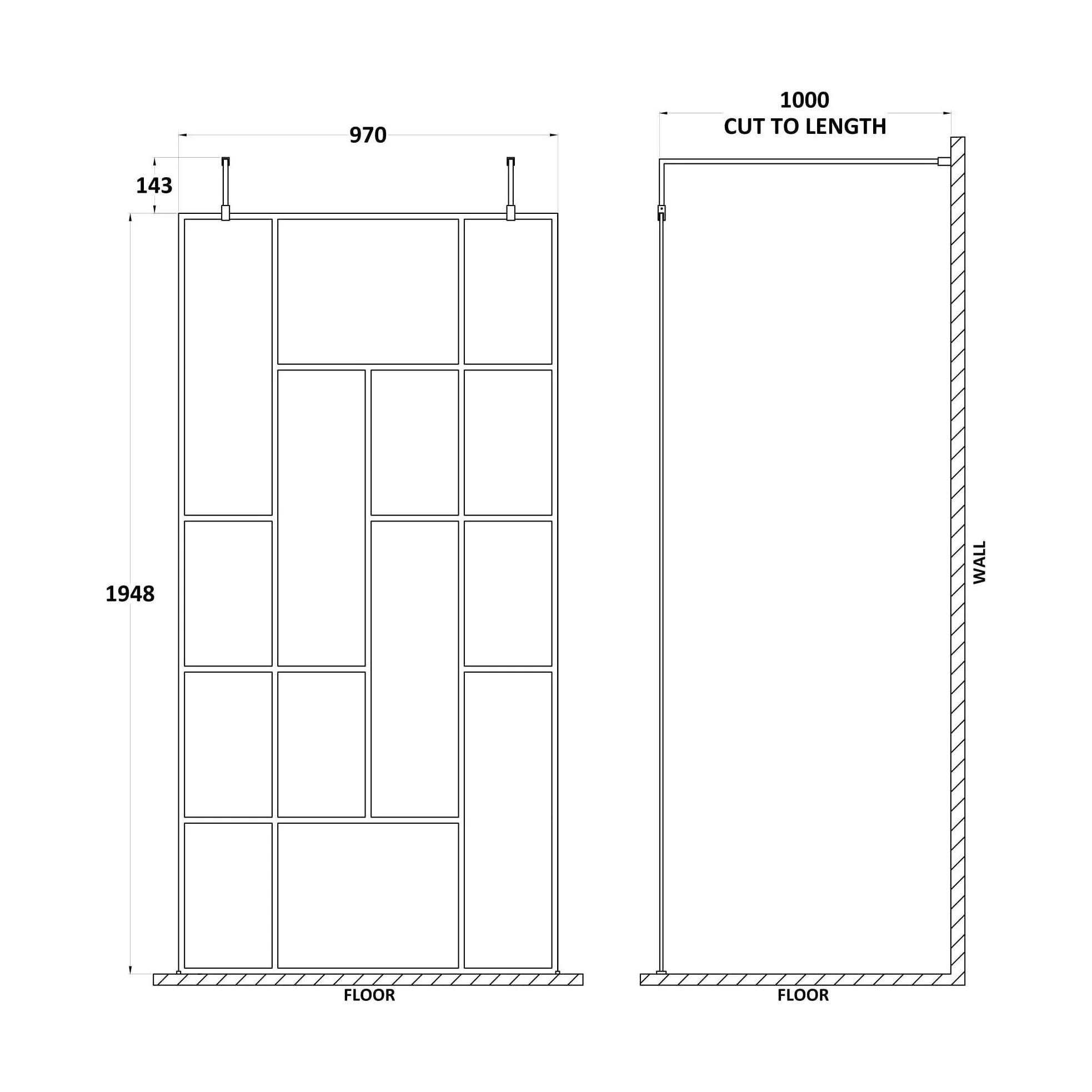 Balterley Contemporary Bathroom Abstract Frame Design 8mm Glass Wetroom Screen with Arms and Feet, 1950 x 750 x 60mm, Matt Black - Image 8