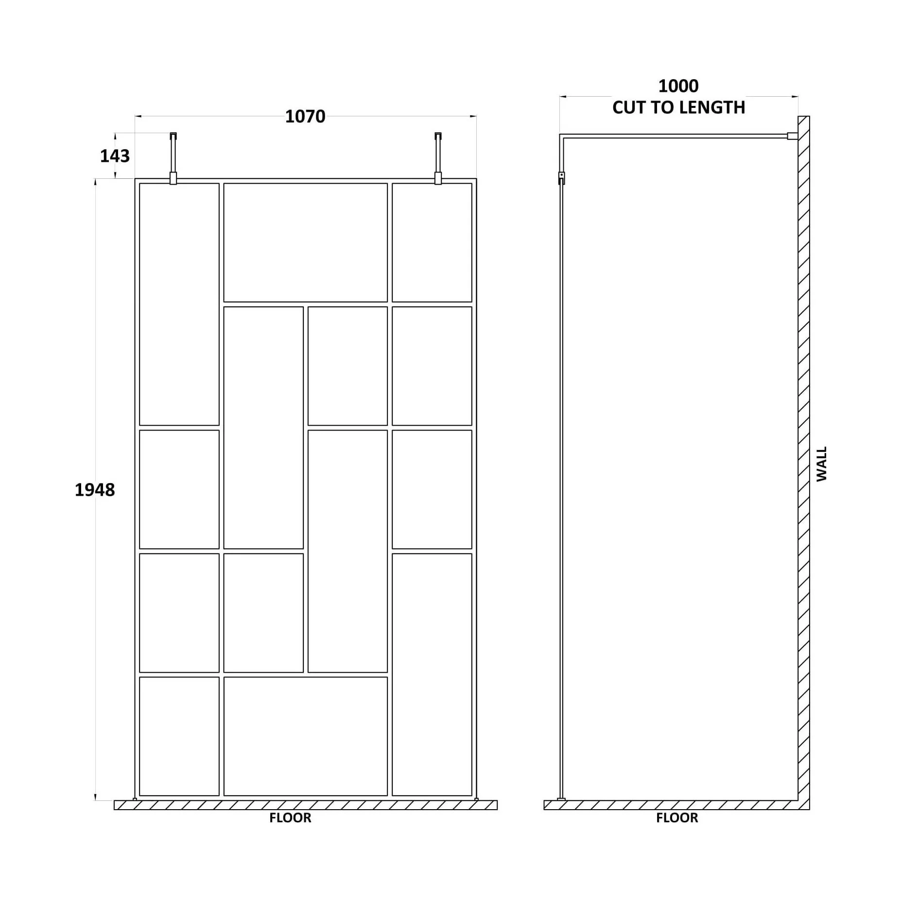 Balterley Contemporary Bathroom Abstract Frame Design 8mm Glass Wetroom Screen with Arms and Feet, 1950 x 750 x 60mm, Matt Black - Image 9