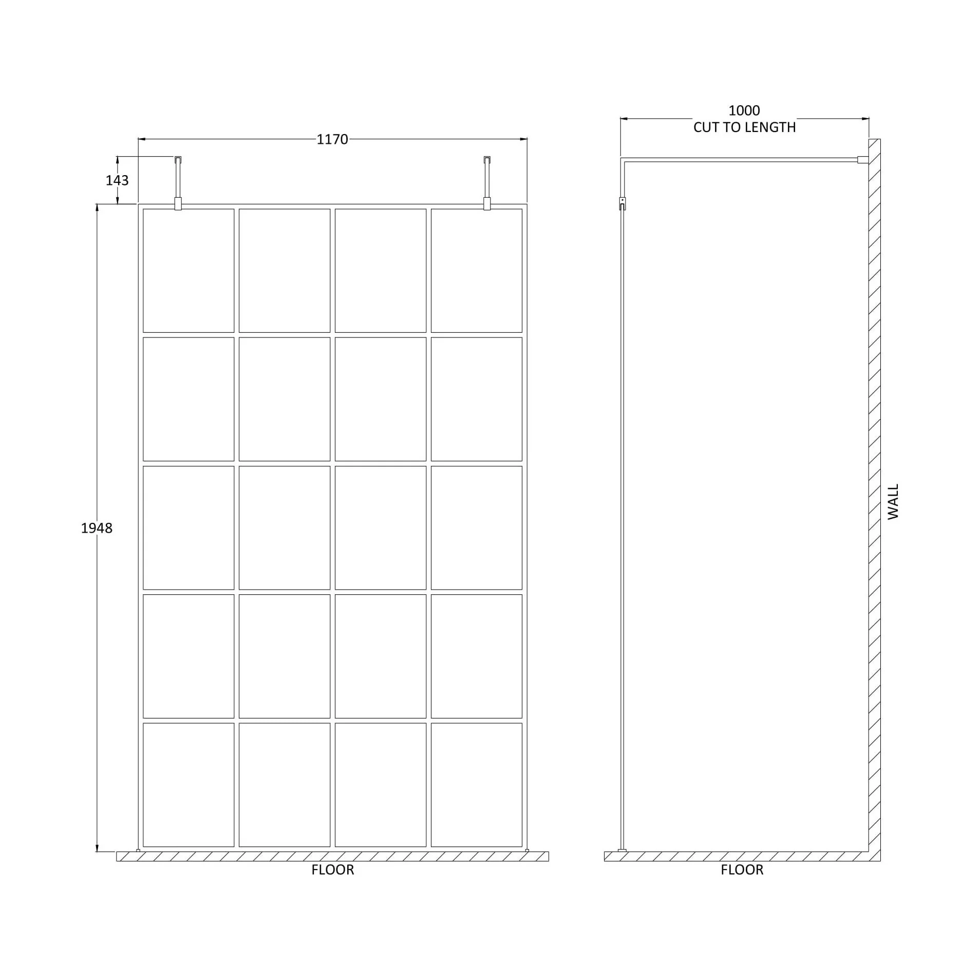 Balterley Contemporary Bathroom 8mm Framed Wetroom Screen with Arms and Feet, Matt Black, 1950 x 700 x 14mm - Image 11