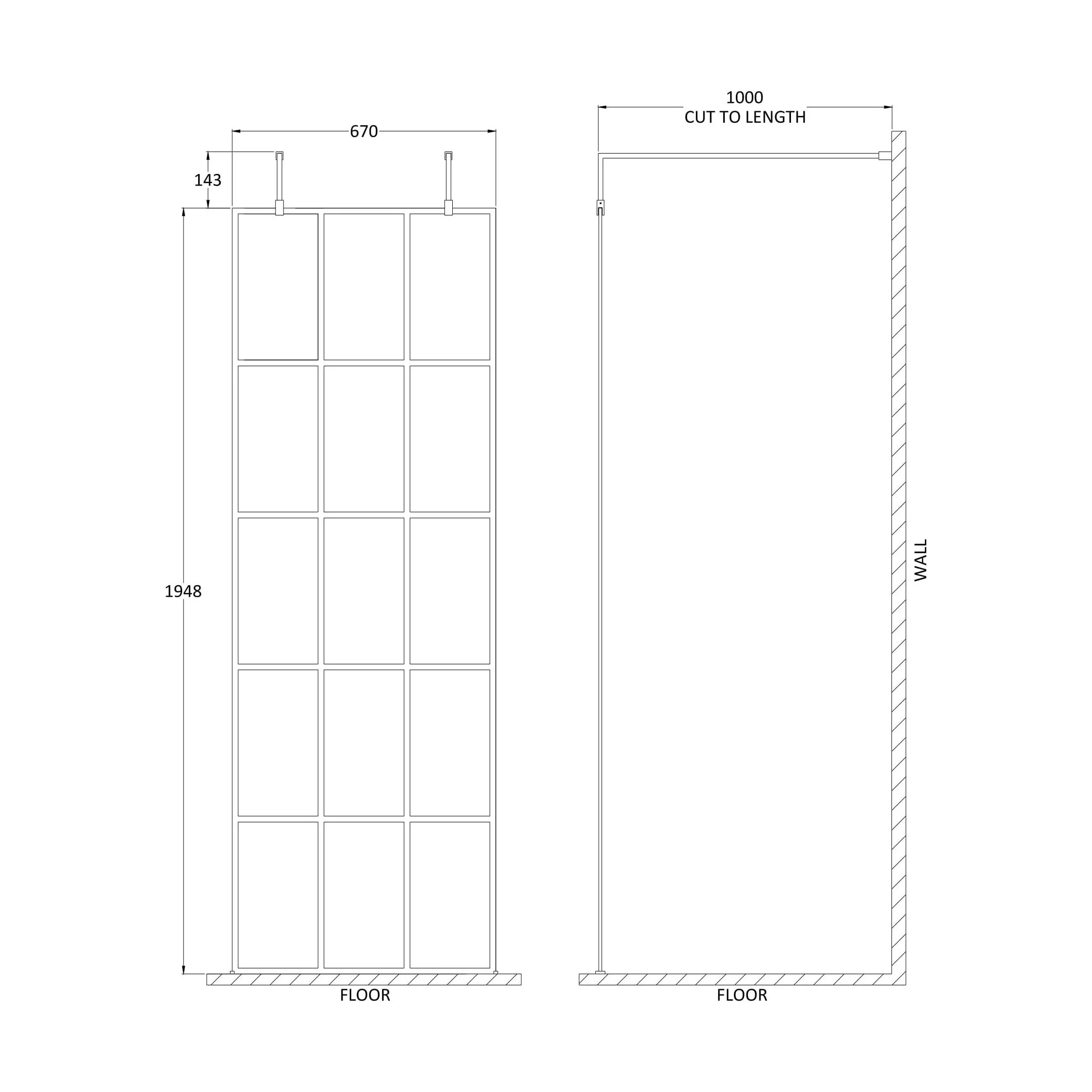 Balterley Contemporary Bathroom 8mm Framed Wetroom Screen with Arms and Feet, Matt Black, 1950 x 700 x 14mm - Image 13