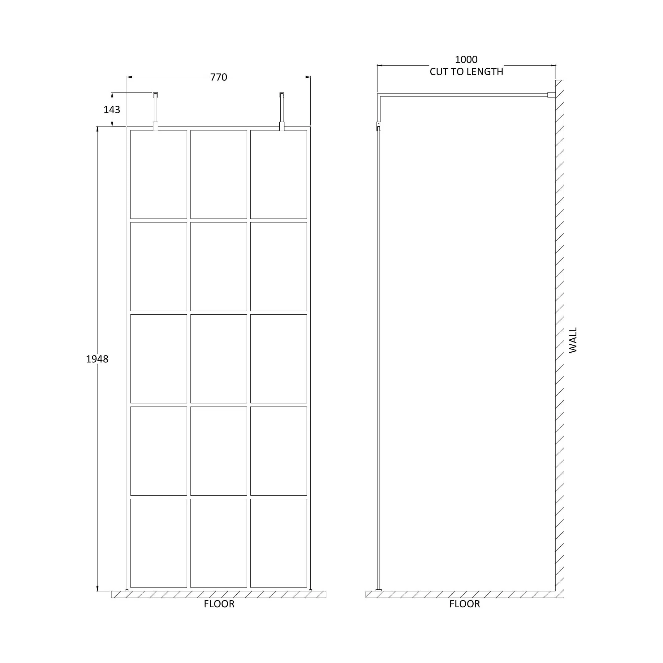 Balterley Contemporary Bathroom 8mm Framed Wetroom Screen with Arms and Feet, Matt Black, 1950 x 700 x 14mm - Image 15