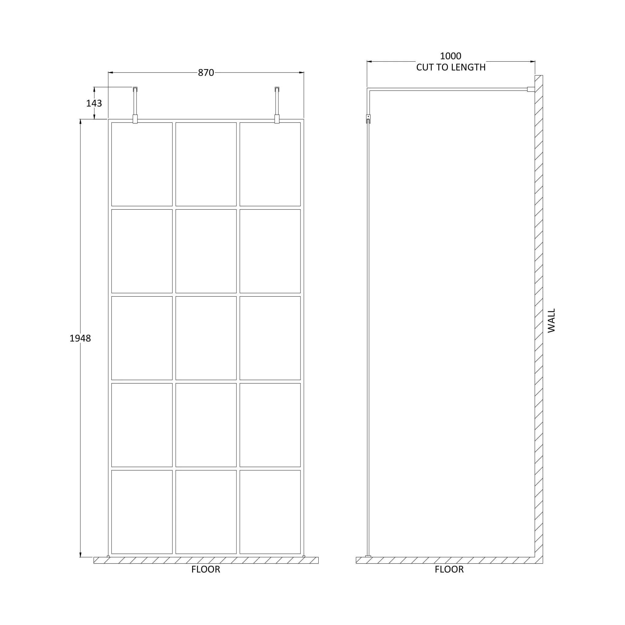 Balterley Contemporary Bathroom 8mm Framed Wetroom Screen with Arms and Feet, Matt Black, 1950 x 700 x 14mm - Image 16