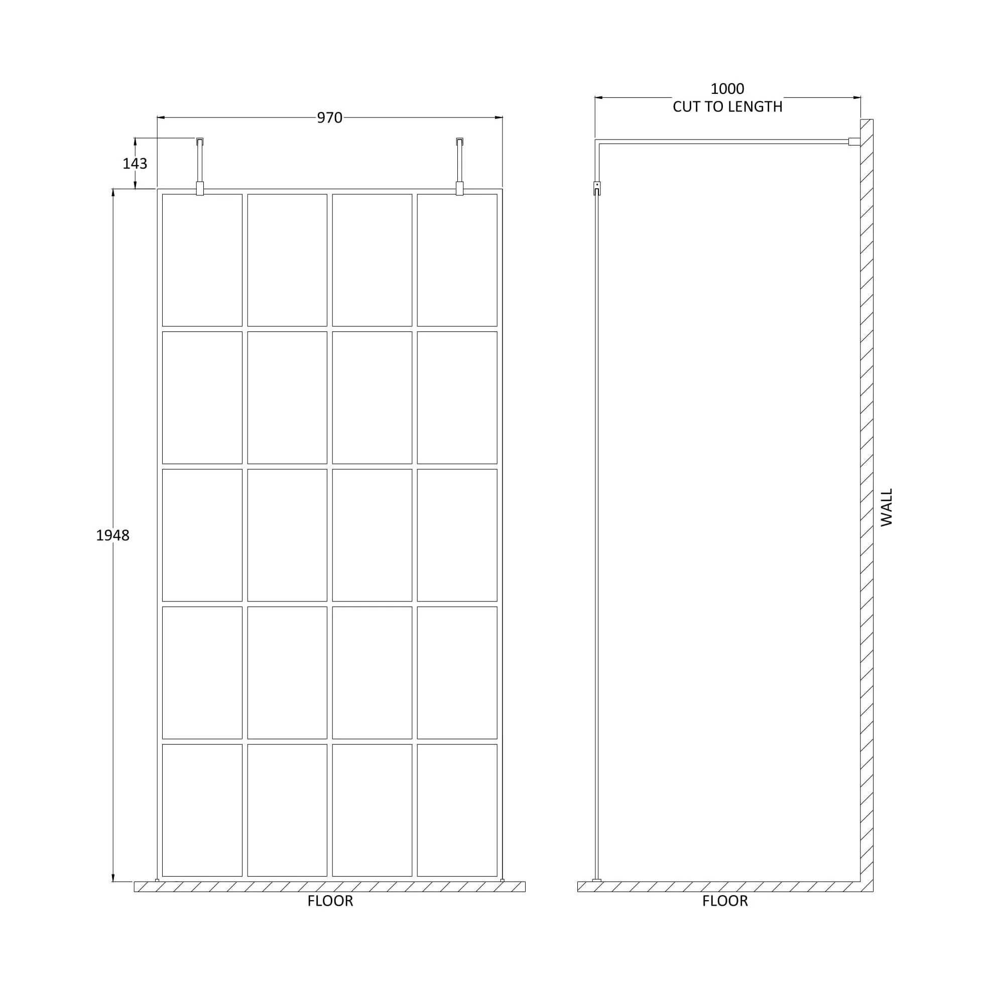 Balterley Contemporary Bathroom 8mm Framed Wetroom Screen with Arms and Feet, Matt Black, 1950 x 700 x 14mm - Image 9