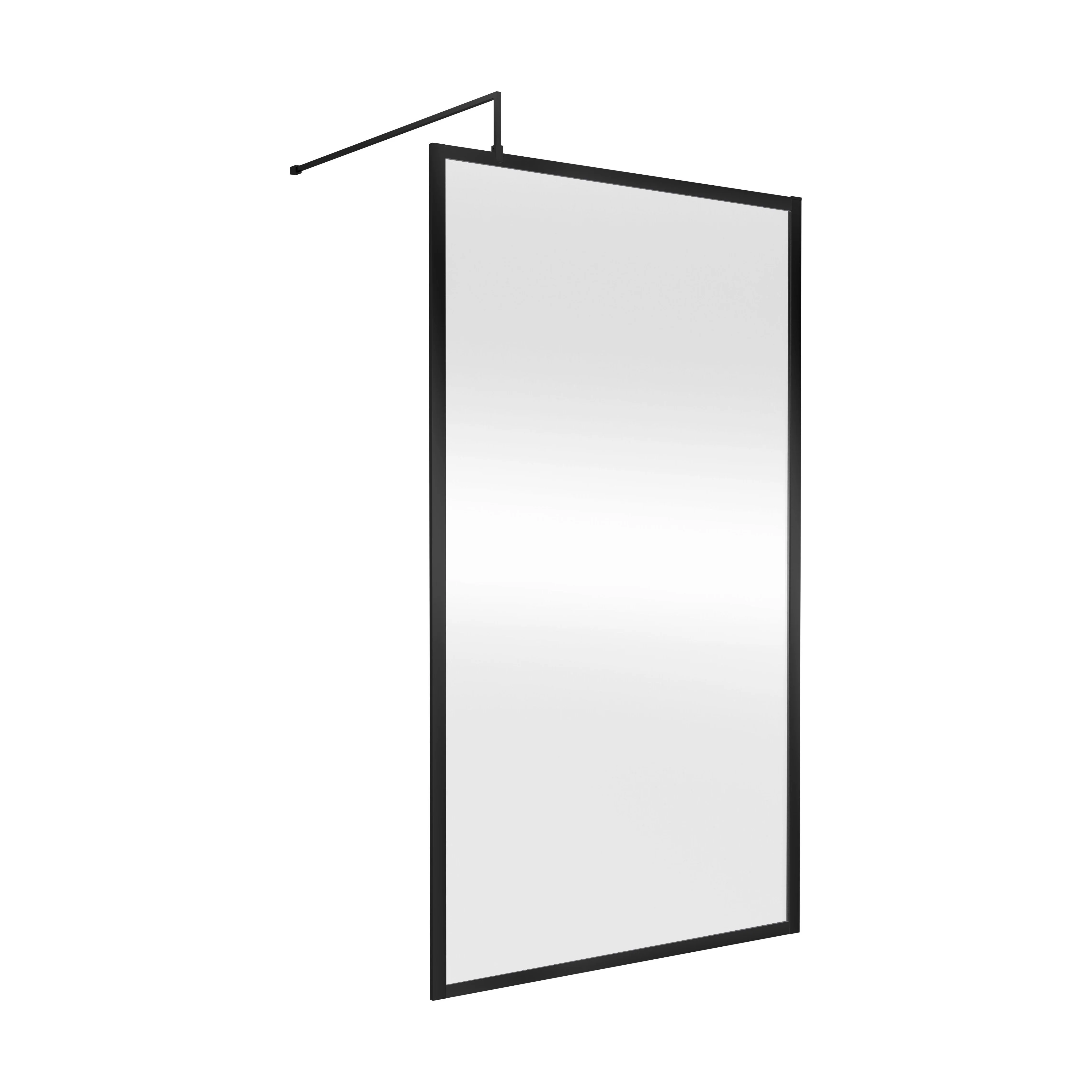 Balterley 8mm Toughened Safety Glass Wetroom Screen with Support Bar: 1100mm, Black