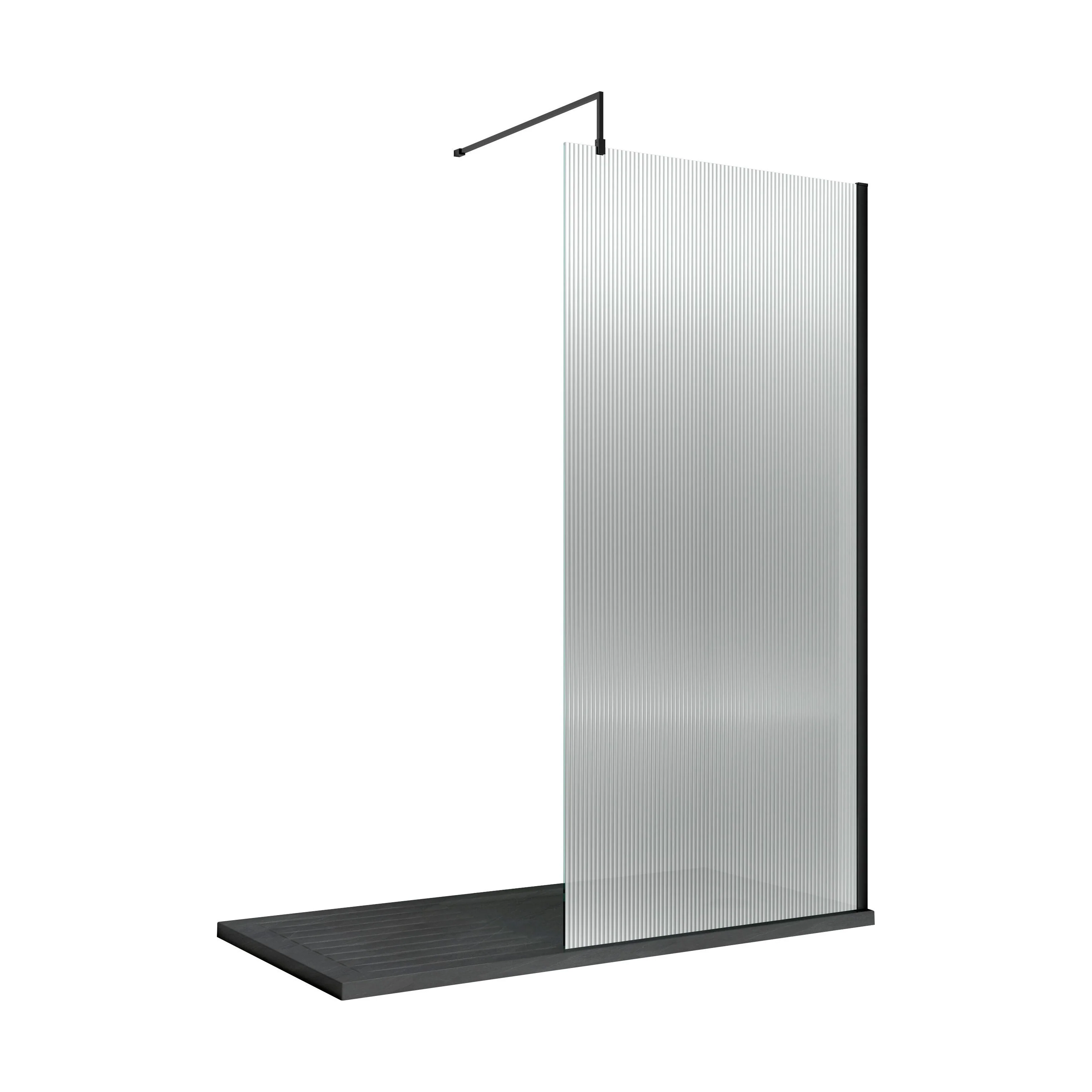 Balterley 8mm Fluted Toughened Safety Glass Wetroom Screen with Support Bar: 1000x1850mm, Black