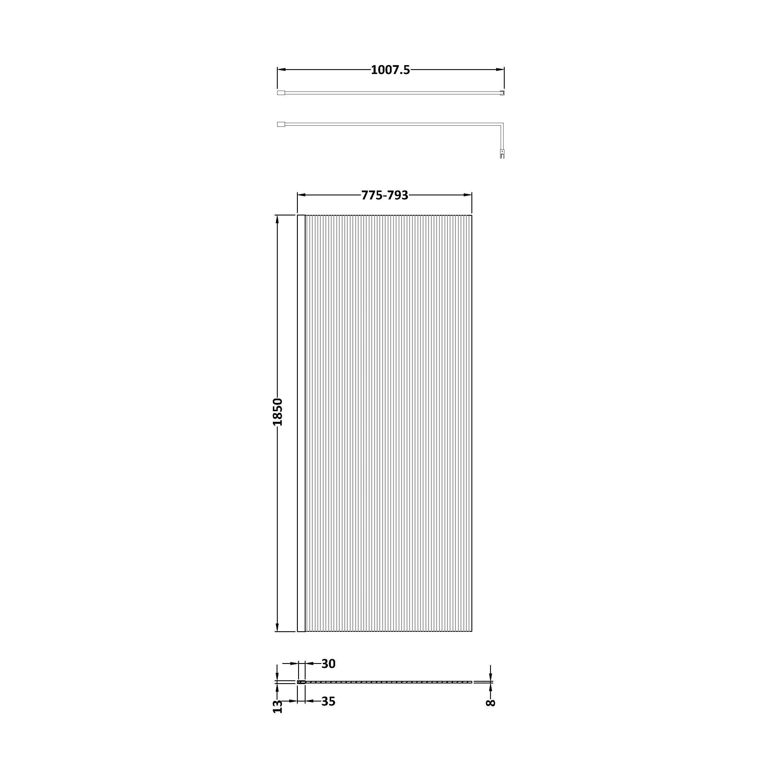 Balterley 8mm Fluted Toughened Safety Glass Wetroom Screen with Support Bar: 1850mm x 800mm, Chrome - Image 2