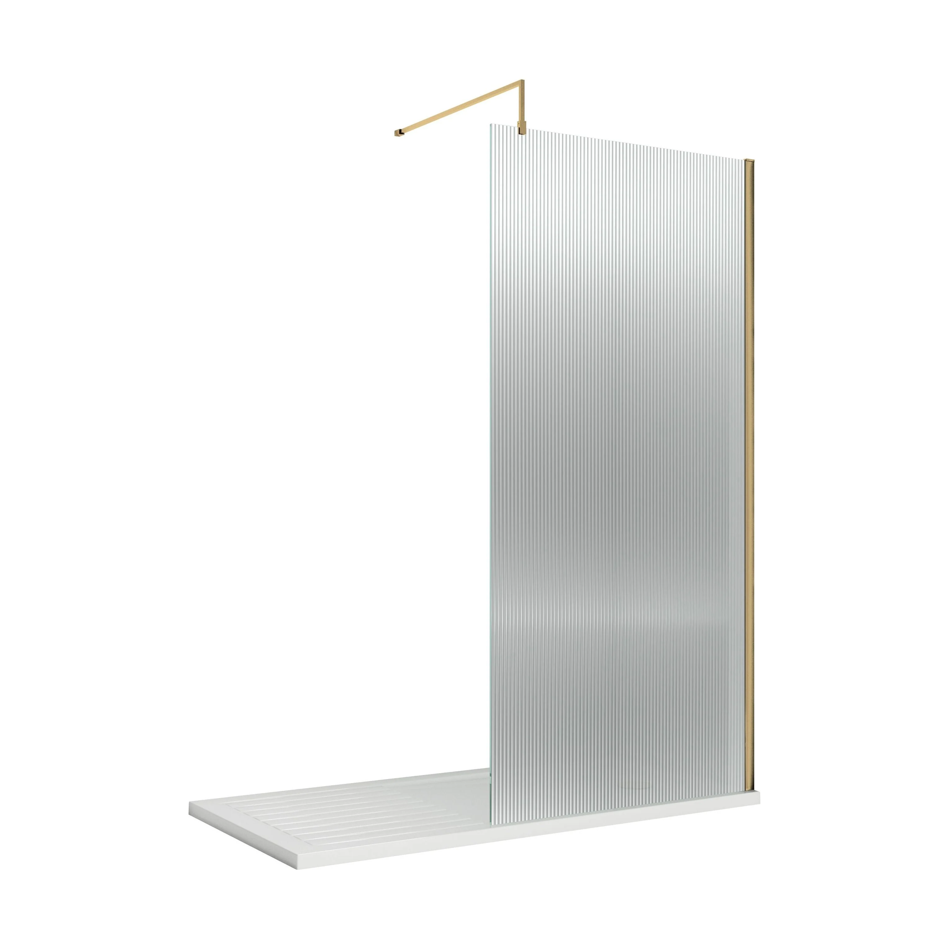 Balterley 8mm Fluted Toughened Safety Glass Wetroom Screen with Support Bar: 1850mm x 900mm, Brushed Brass