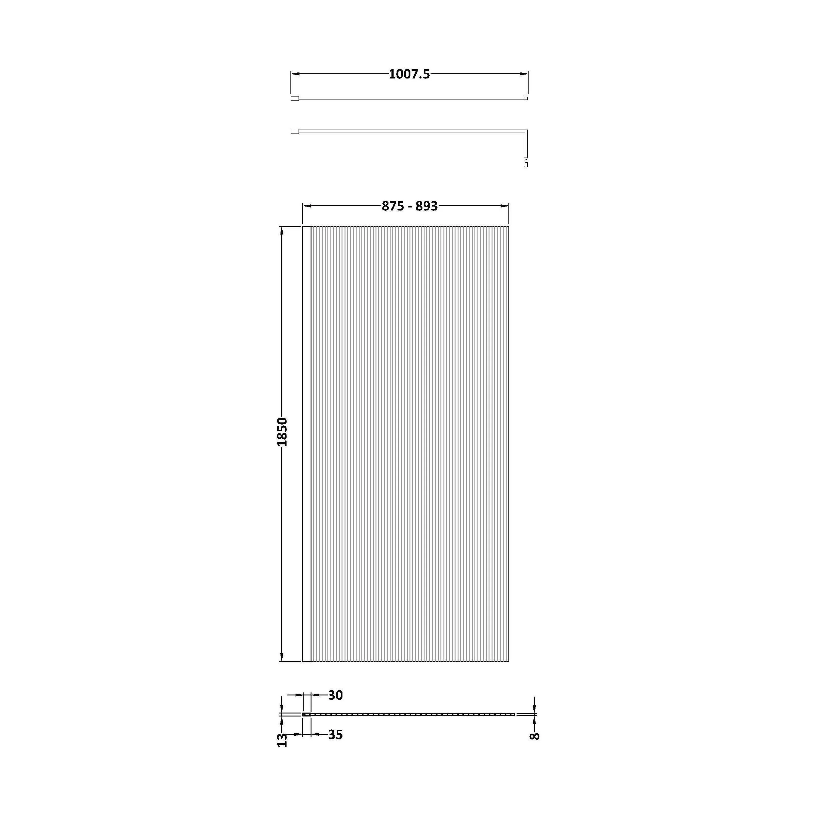 Balterley 8mm Fluted Toughened Safety Glass Wetroom Screen with Support Bar: 1850mm x 900mm, Brushed Brass - Image 2