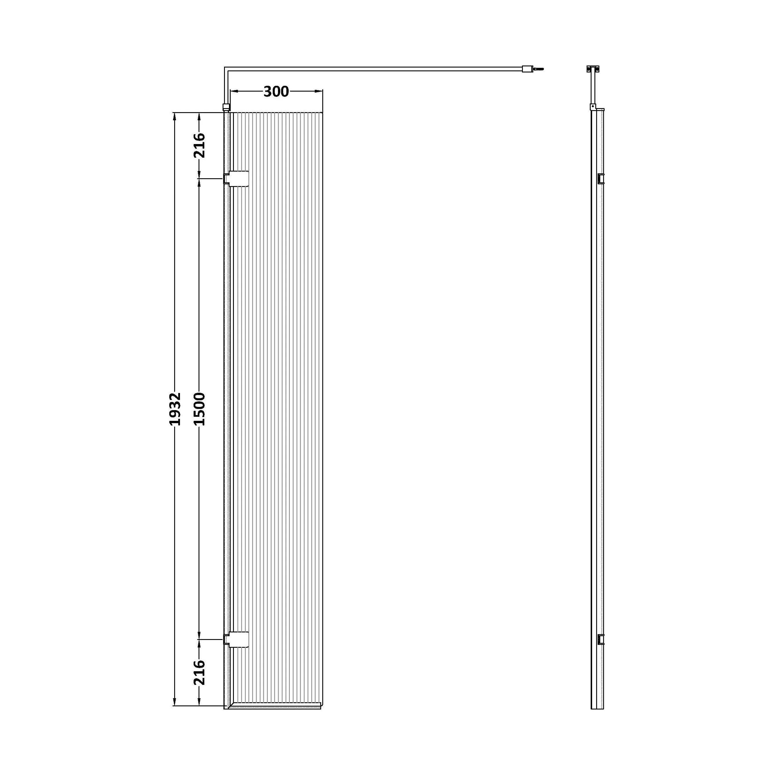 Balterley Contemporary Bathroom 8mm Fluted Glass Wetroom Hinged Screen with Support Bar, Chrome Finish, 1950 x 322 x 27mm