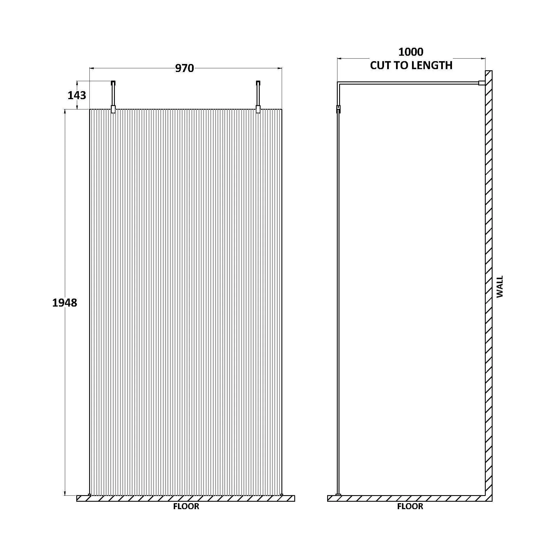 Balterley Contemporary Bathroom 8mm Fluted Glass Wetroom Screen with Arms & Feet, 2091 x 770 x 1000mm, Polished Chrome - Image 10