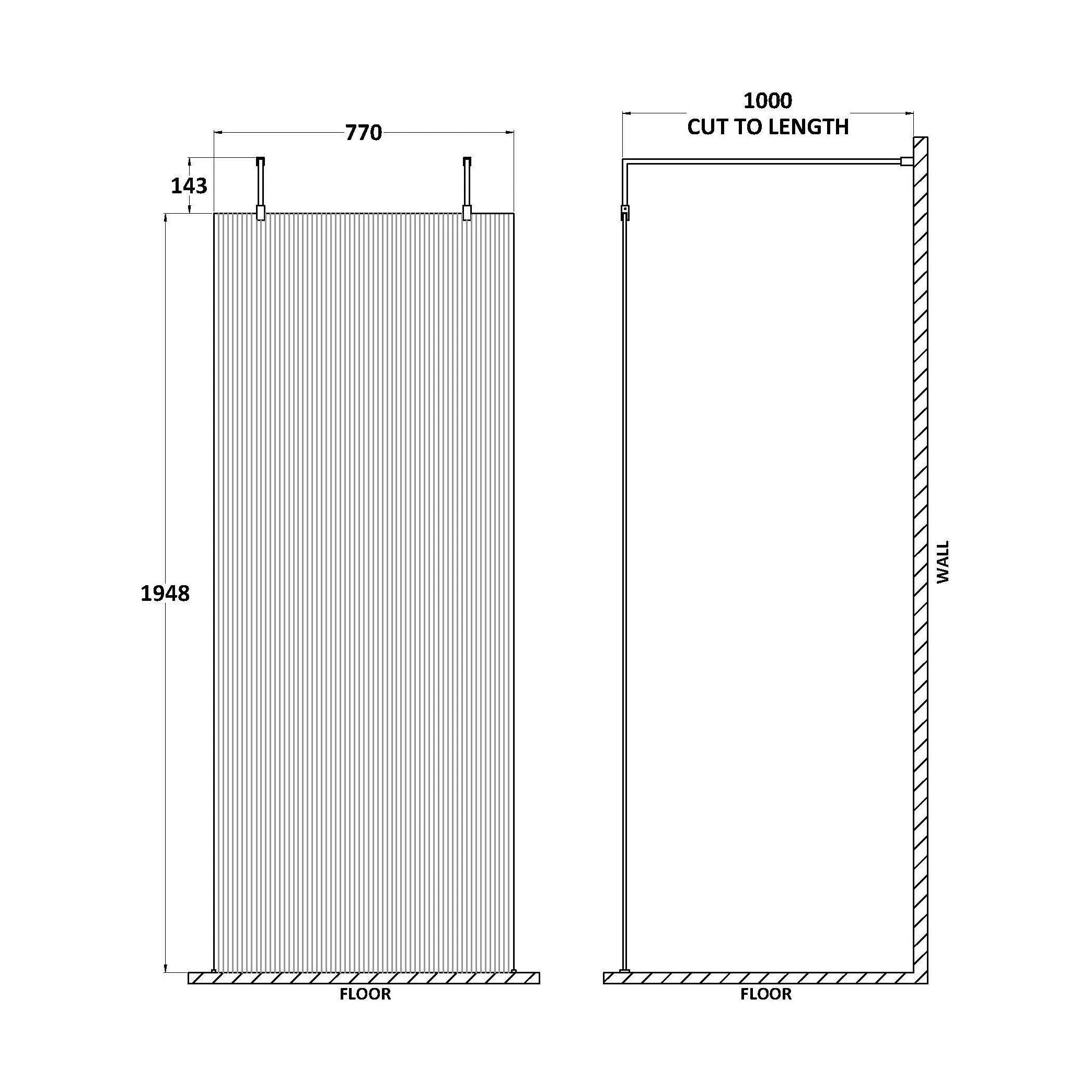 Balterley Contemporary Bathroom 8mm Fluted Glass Wetroom Screen with Arms & Feet, 2091 x 770 x 1000mm, Polished Chrome - Image 13