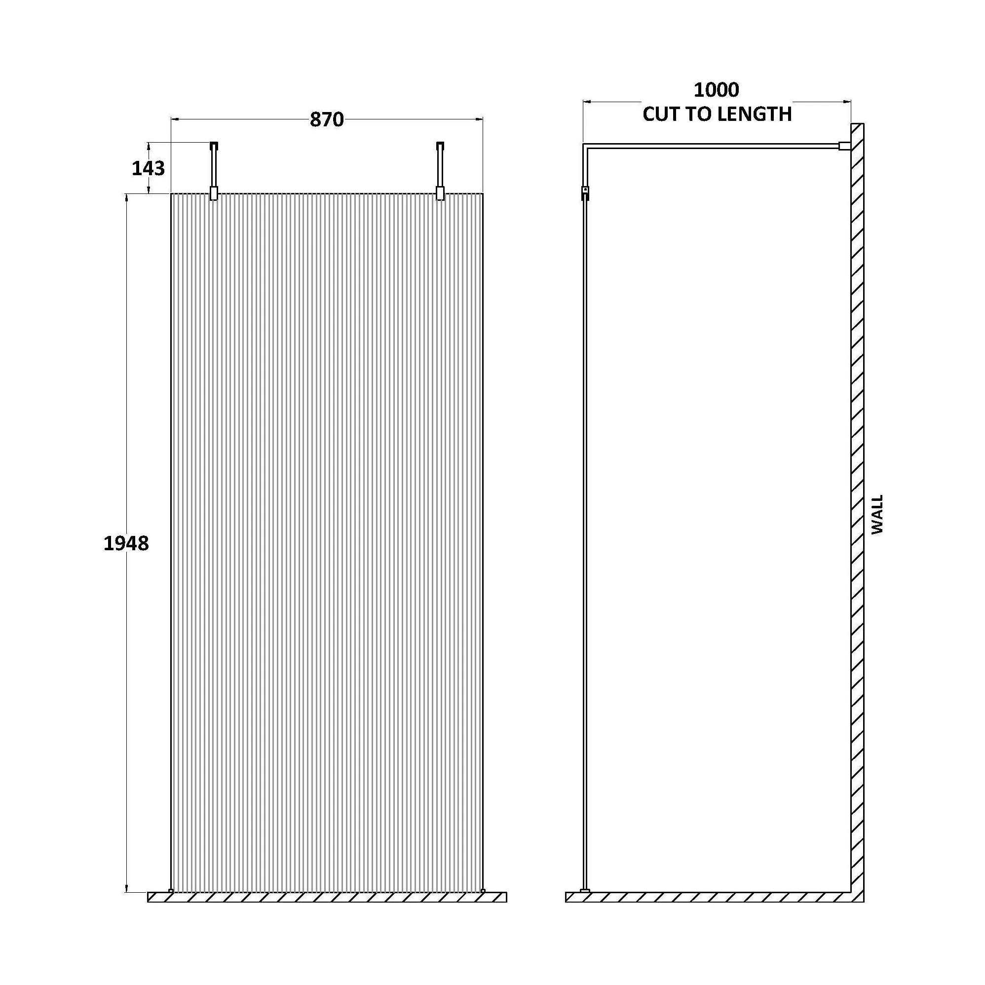 Balterley Contemporary Bathroom 8mm Fluted Glass Wetroom Screen with Arms & Feet, 2091 x 770 x 1000mm, Polished Chrome - Image 16