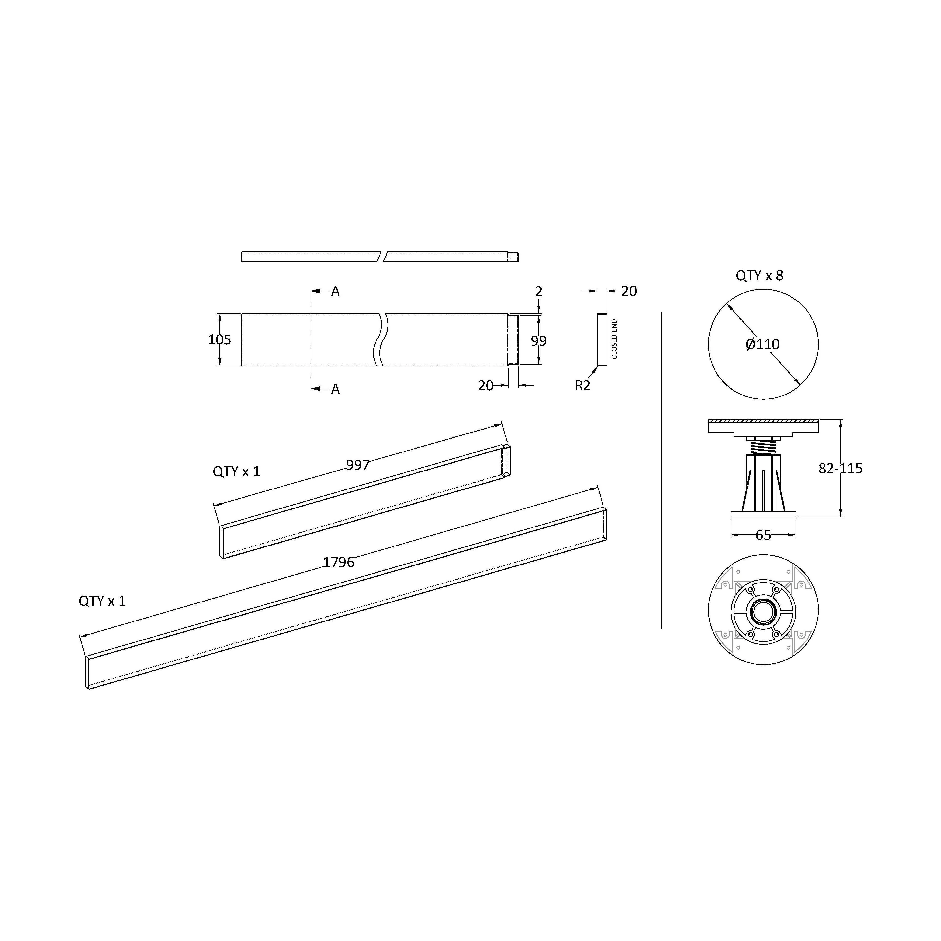 Shower Tray Leg Set - Slate Grey - For 1100mm-1200mm Rectangular Resin Trays - Image 2