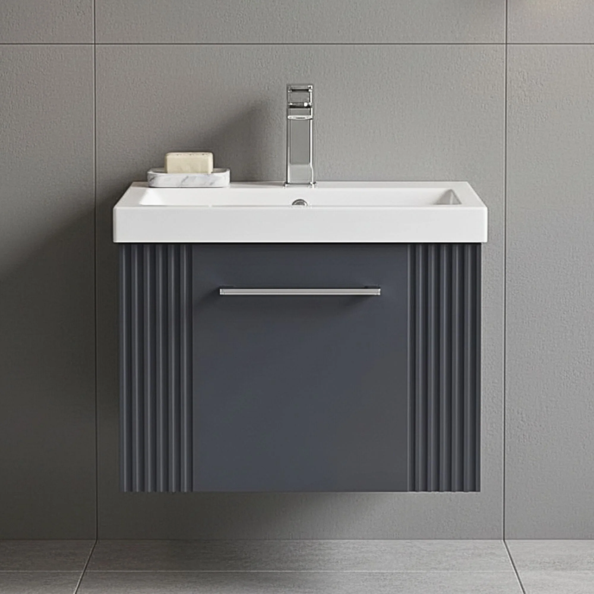 Belvide Partial Fluted 1 Drawer Wall Hung Vanity Unit with Mid-Edge 1 Tap Hole Ceramic Basin