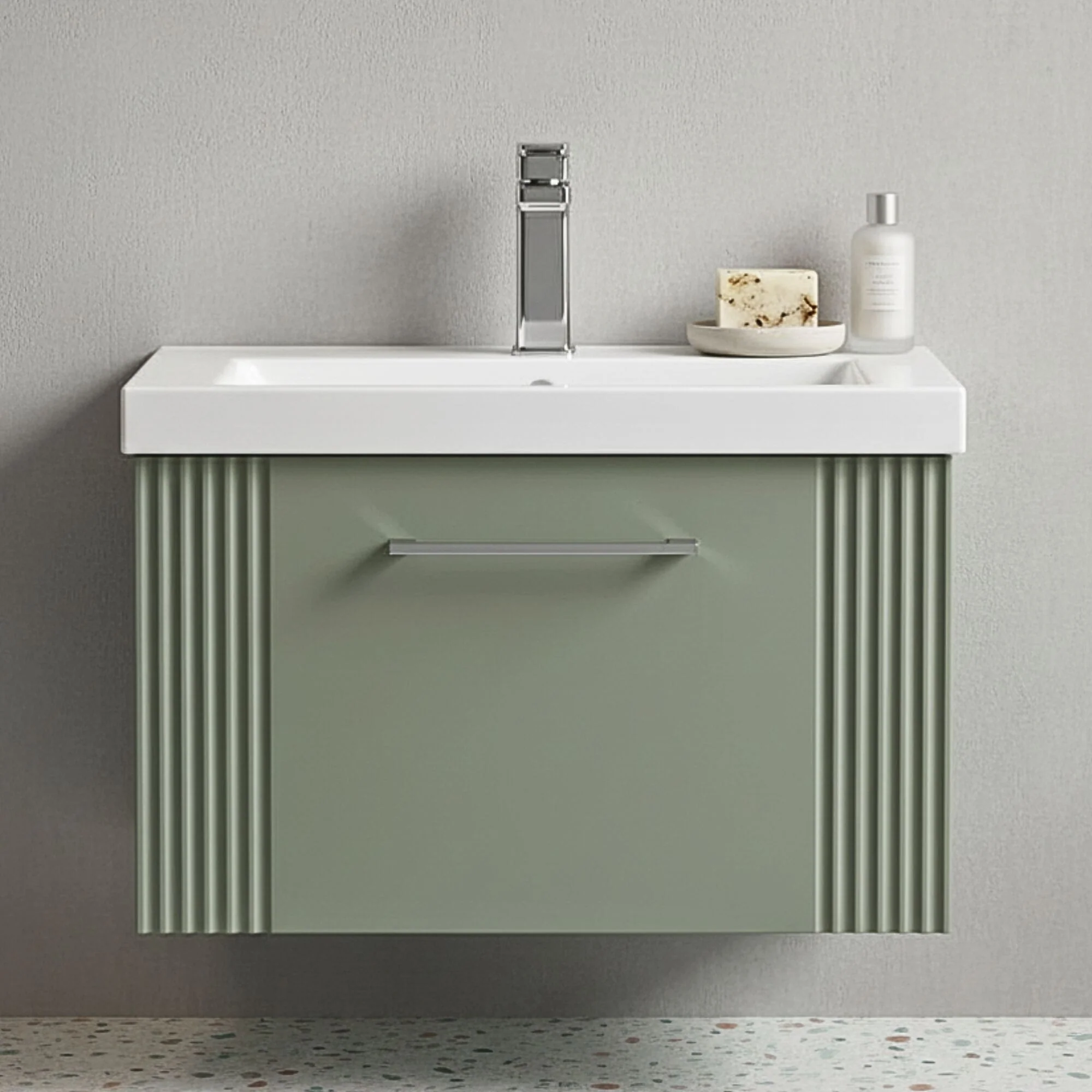 Belvide Partial Fluted 1 Drawer Wall Hung Vanity Unit with Mid-Edge 1 Tap Hole Ceramic Basin - Image 14