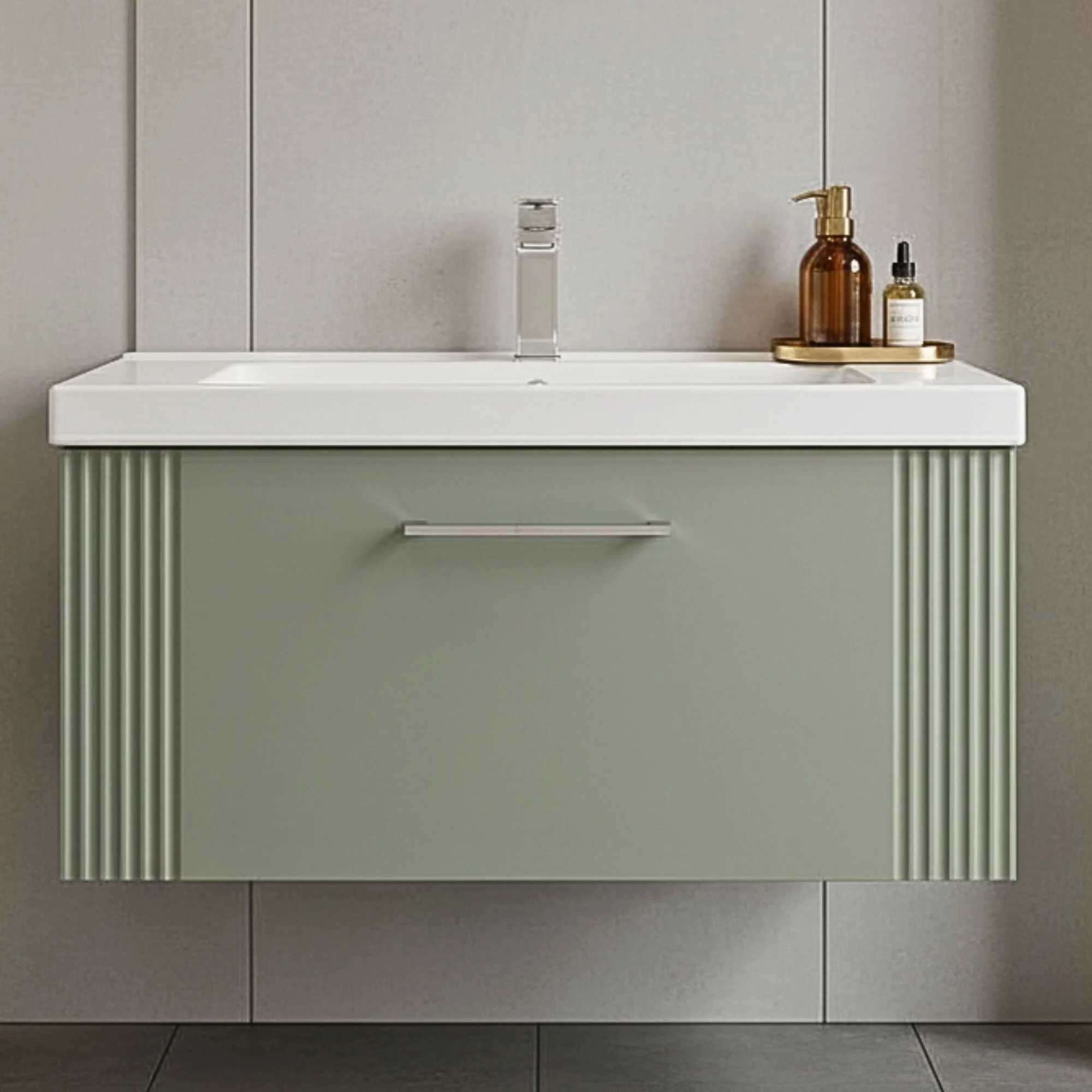 Belvide Partial Fluted 1 Drawer Wall Hung Vanity Unit with Mid-Edge 1 Tap Hole Ceramic Basin - Image 15