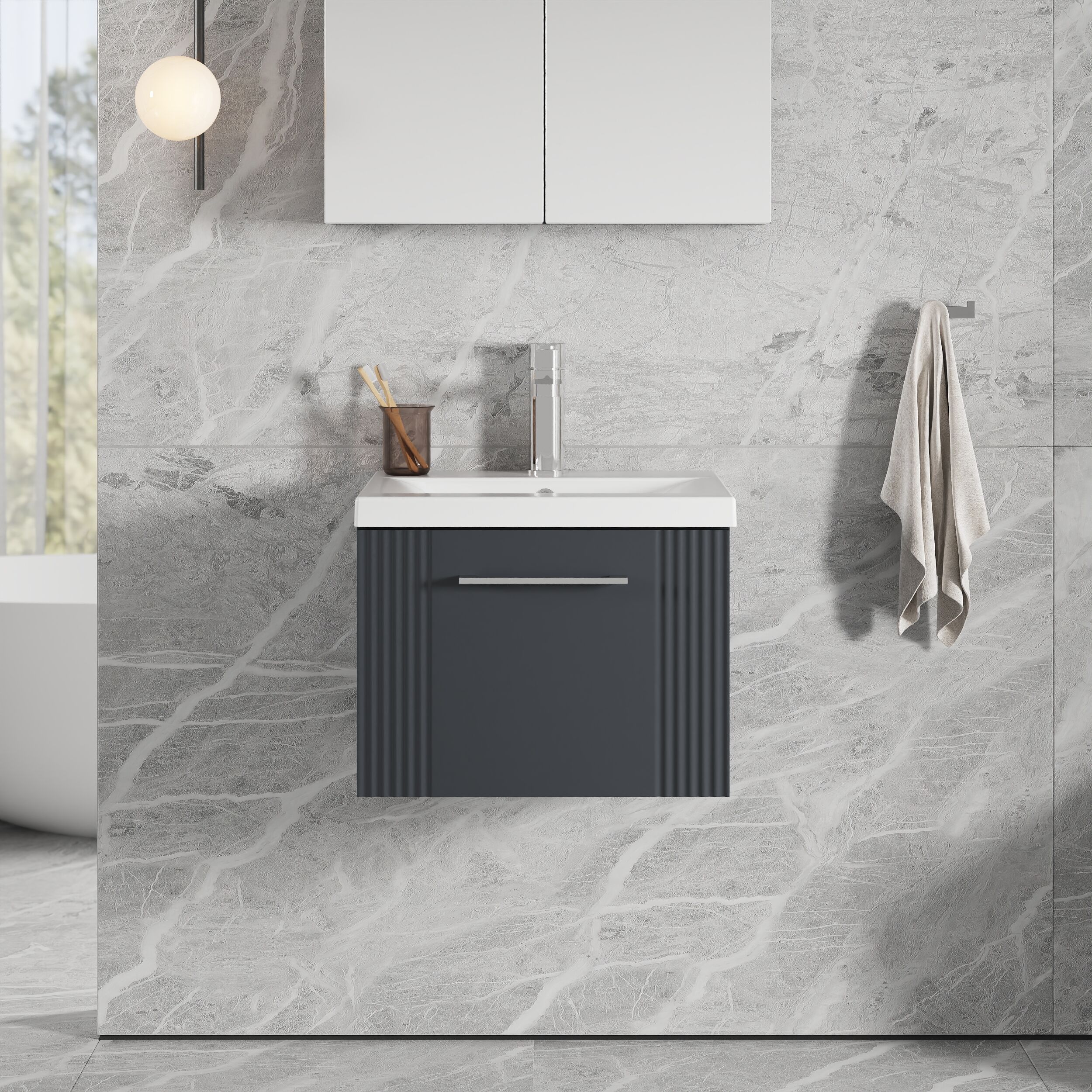 Belvide Partial Fluted 1 Drawer Wall Hung Vanity Unit with Mid-Edge 1 Tap Hole Ceramic Basin - Image 16