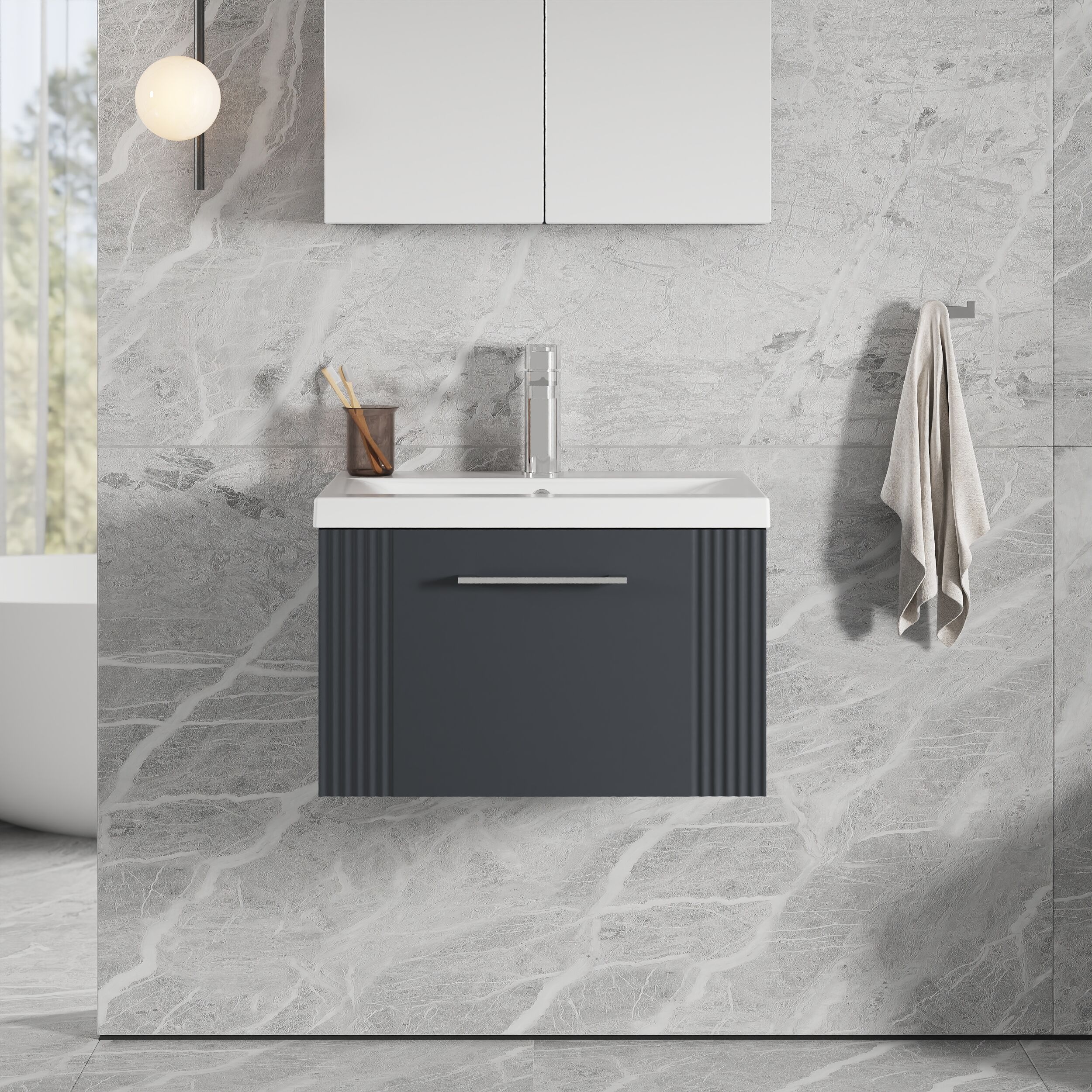 Belvide Partial Fluted 1 Drawer Wall Hung Vanity Unit with Mid-Edge 1 Tap Hole Ceramic Basin - Image 17