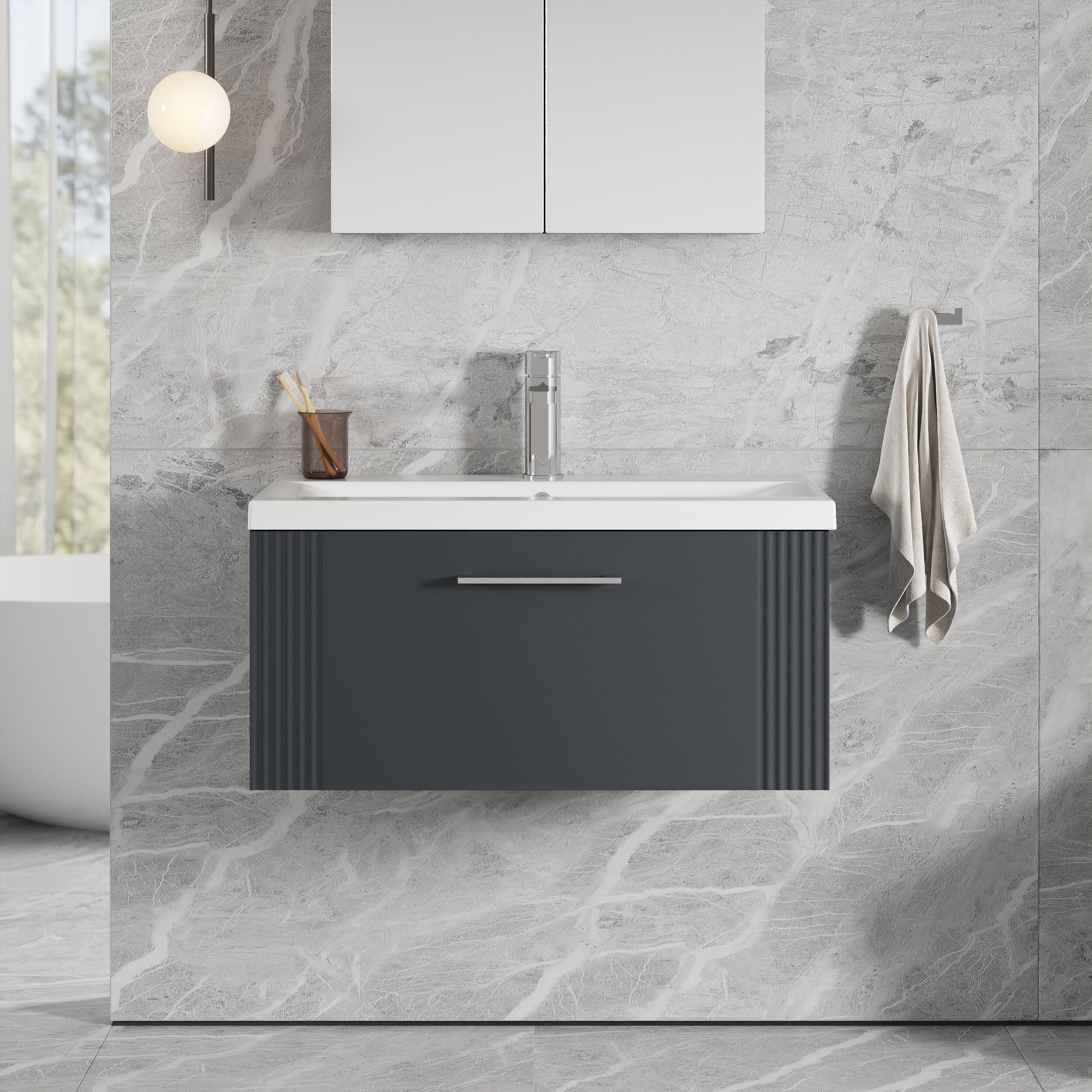 Belvide Partial Fluted 1 Drawer Wall Hung Vanity Unit with Mid-Edge 1 Tap Hole Ceramic Basin - Image 18