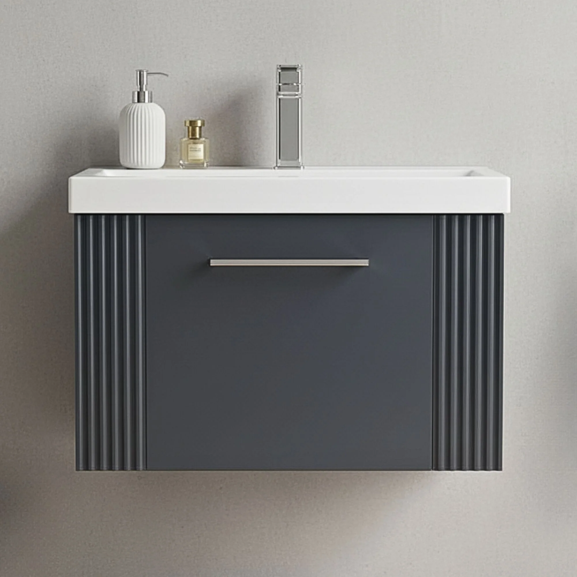Belvide Partial Fluted 1 Drawer Wall Hung Vanity Unit with Mid-Edge 1 Tap Hole Ceramic Basin - Image 2