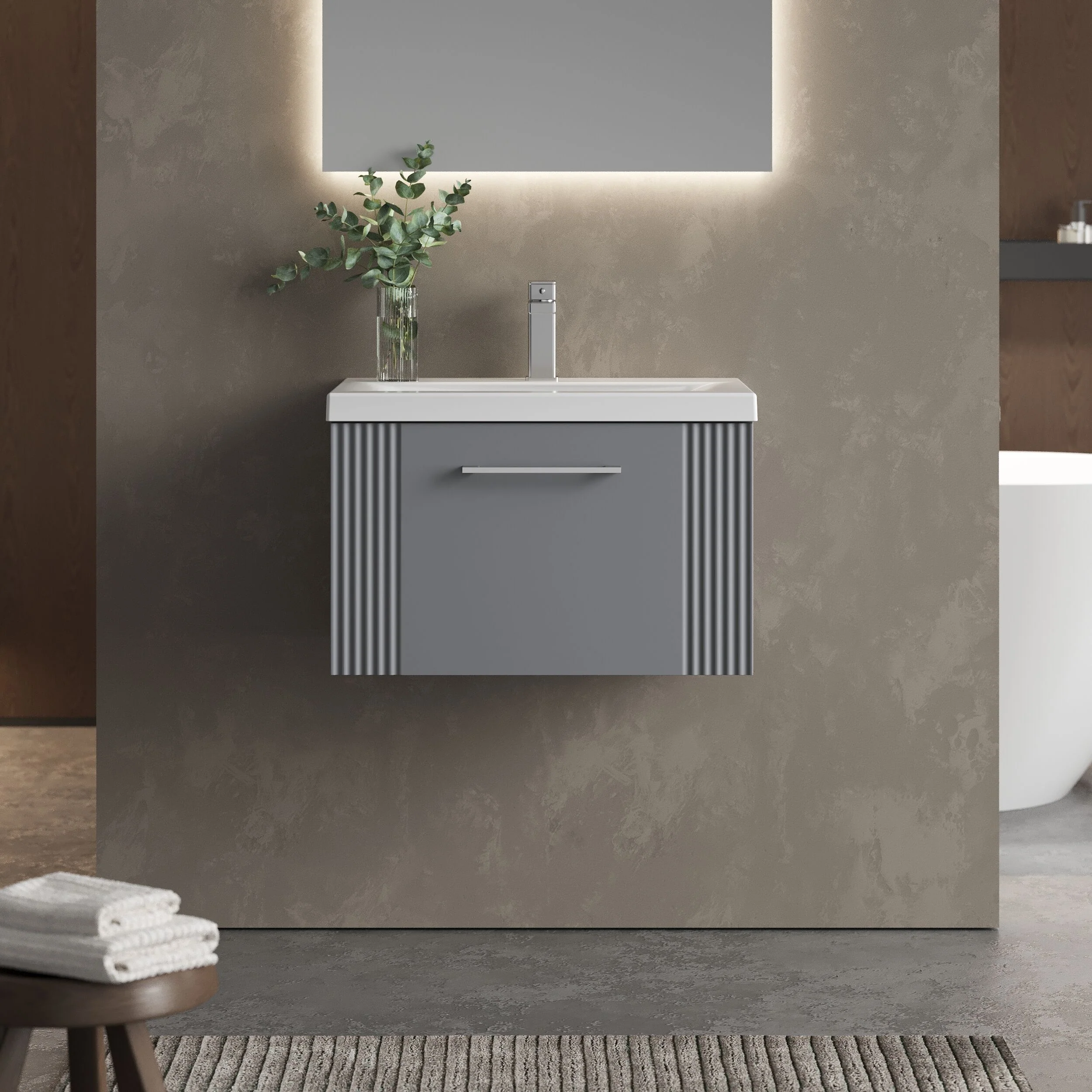 Belvide Partial Fluted 1 Drawer Wall Hung Vanity Unit with Mid-Edge 1 Tap Hole Ceramic Basin - Image 23
