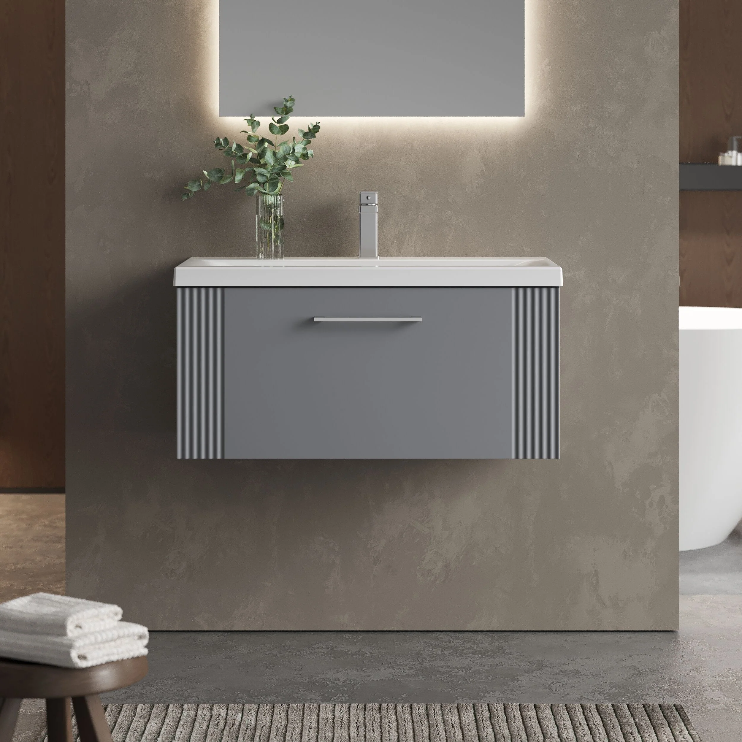 Belvide Partial Fluted 1 Drawer Wall Hung Vanity Unit with Mid-Edge 1 Tap Hole Ceramic Basin - Image 24