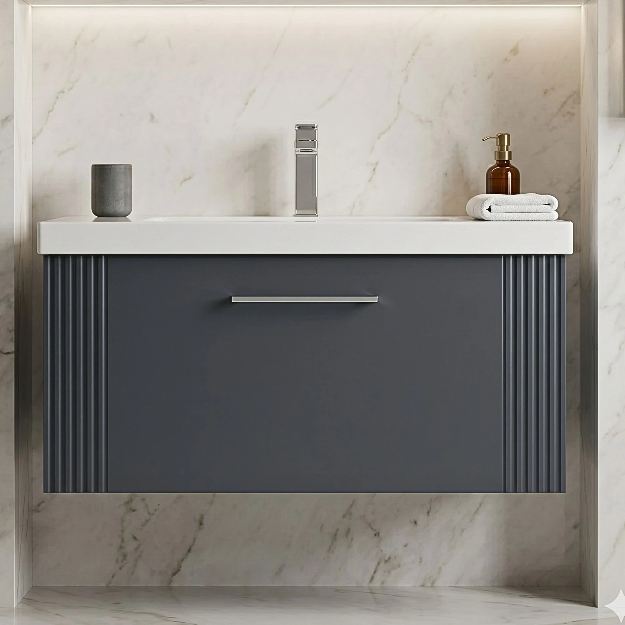 Belvide Partial Fluted 1 Drawer Wall Hung Vanity Unit with Mid-Edge 1 Tap Hole Ceramic Basin - Image 3