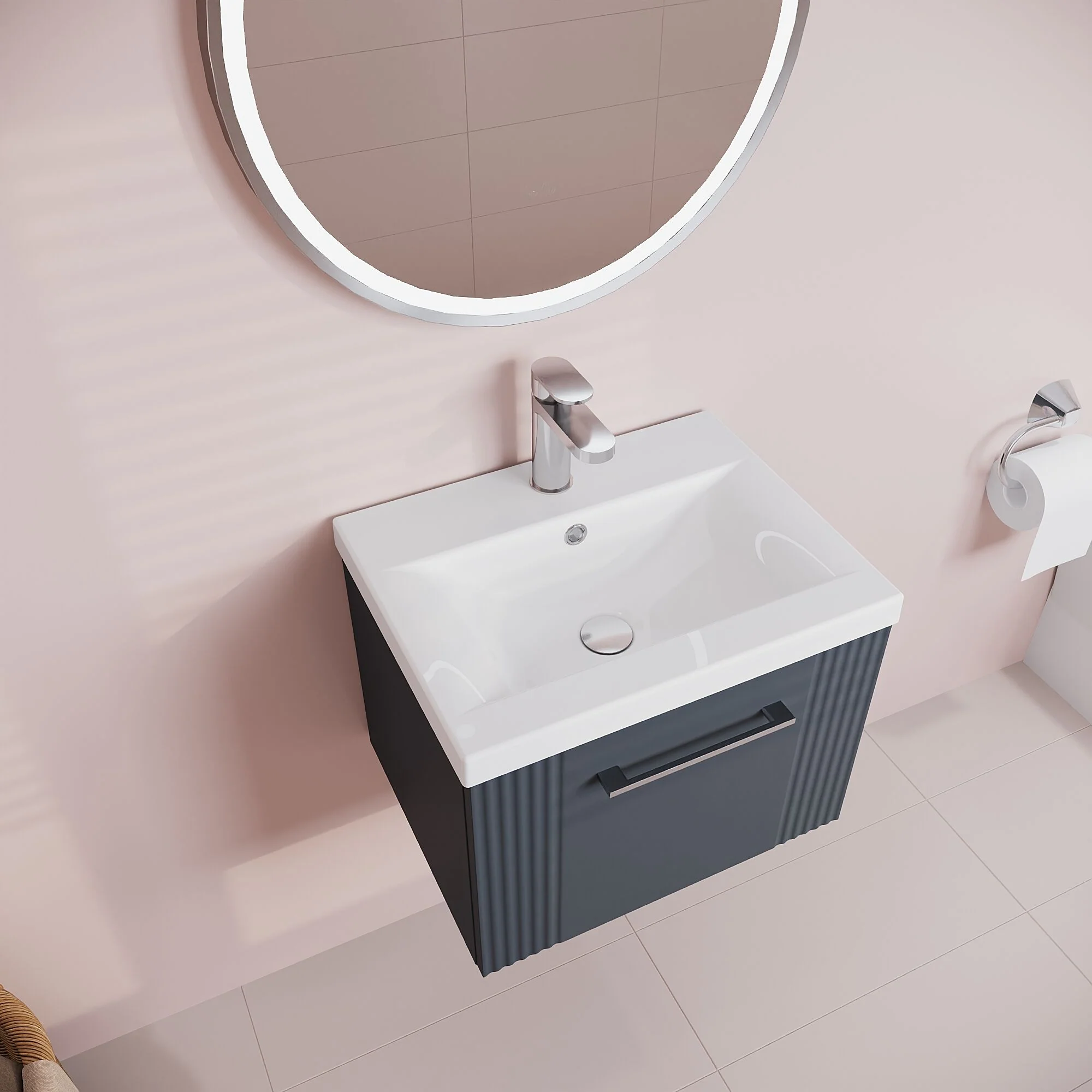 Belvide Partial Fluted 1 Drawer Wall Hung Vanity Unit with Mid-Edge 1 Tap Hole Ceramic Basin - Image 31