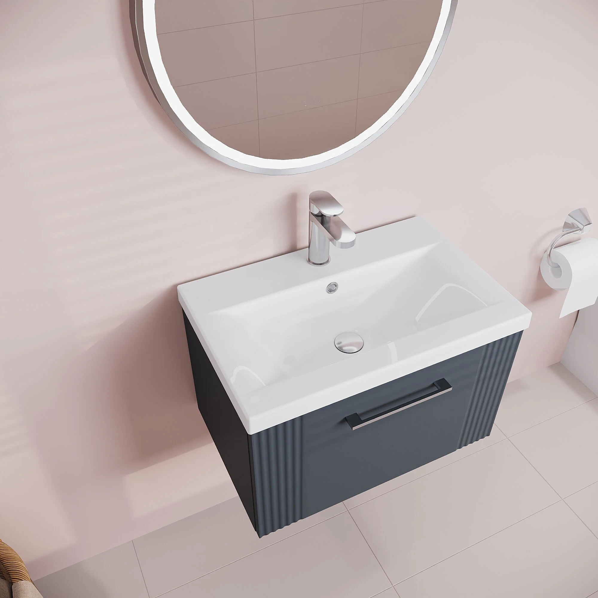 Belvide Partial Fluted 1 Drawer Wall Hung Vanity Unit with Mid-Edge 1 Tap Hole Ceramic Basin - Image 32