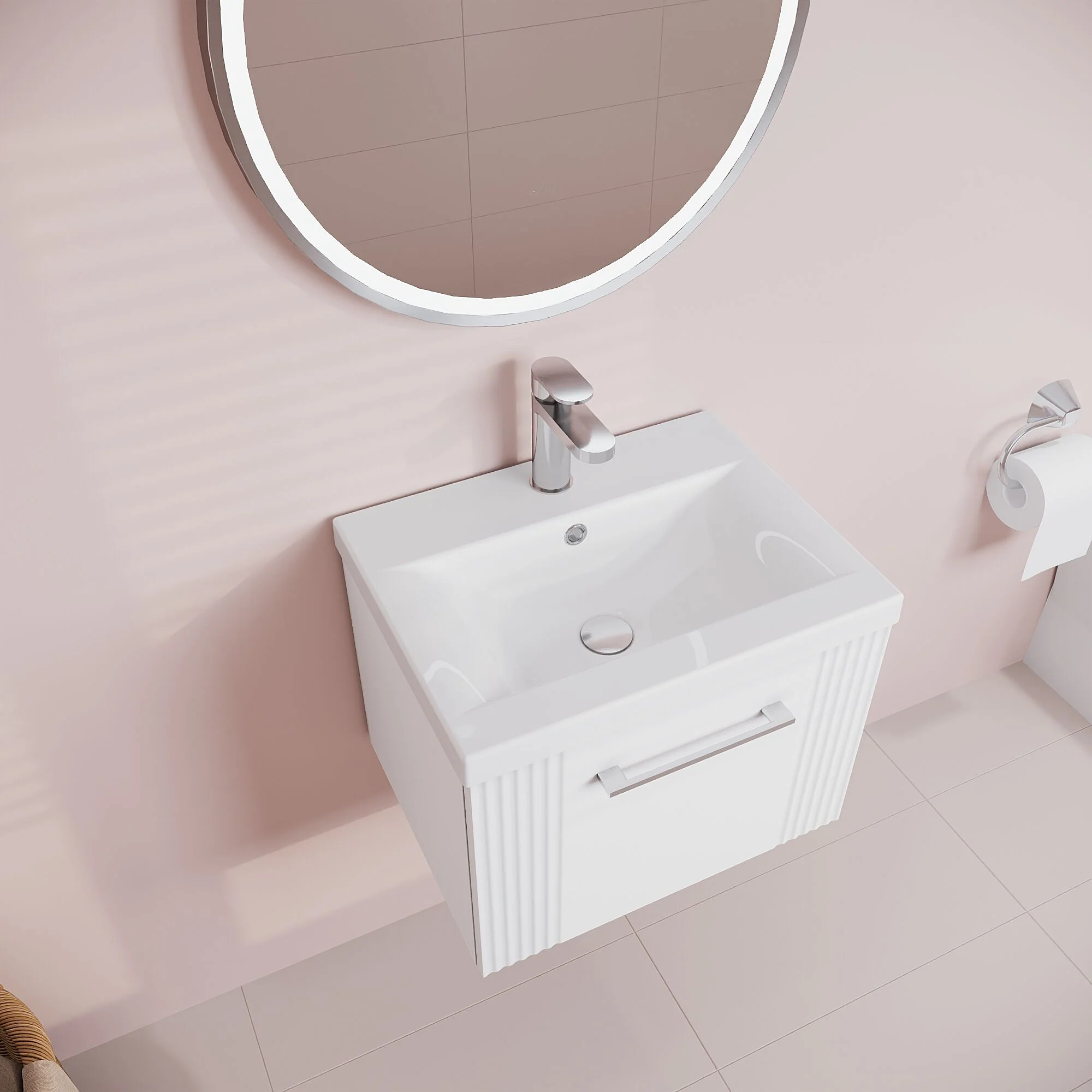 Belvide Partial Fluted 1 Drawer Wall Hung Vanity Unit with Mid-Edge 1 Tap Hole Ceramic Basin - Image 34