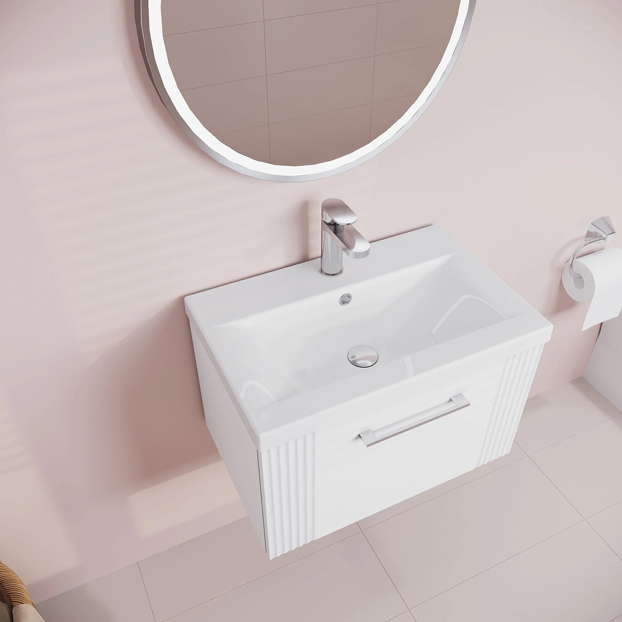 Belvide Partial Fluted 1 Drawer Wall Hung Vanity Unit with Mid-Edge 1 Tap Hole Ceramic Basin - Image 35