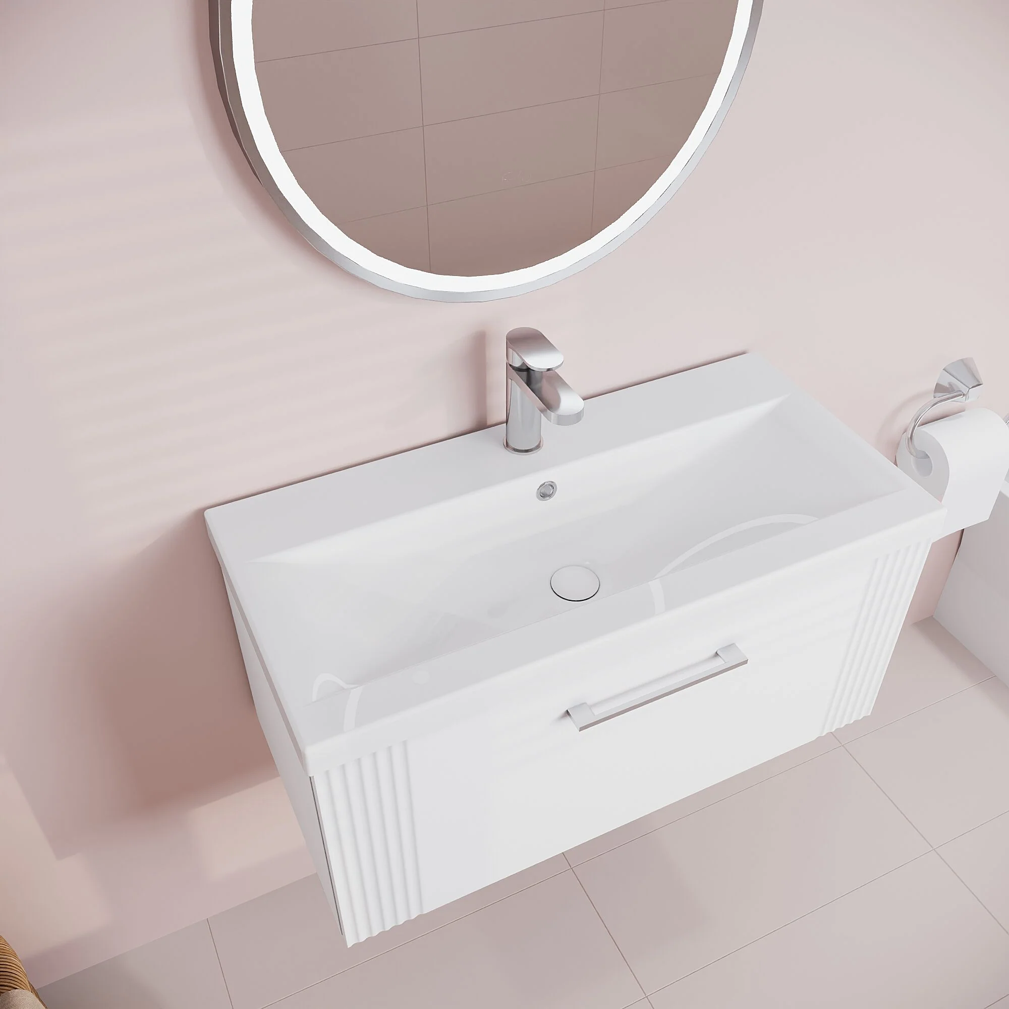 Belvide Partial Fluted 1 Drawer Wall Hung Vanity Unit with Mid-Edge 1 Tap Hole Ceramic Basin - Image 36