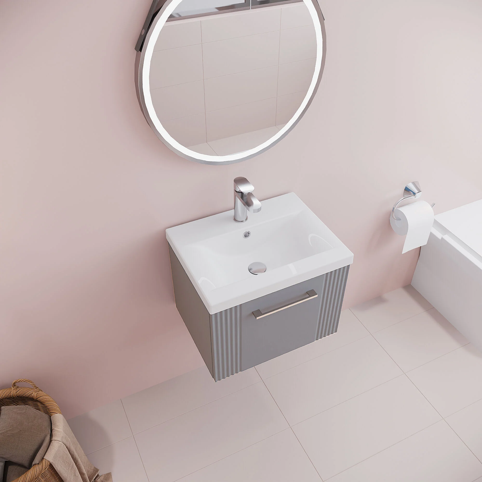 Belvide Partial Fluted 1 Drawer Wall Hung Vanity Unit with Mid-Edge 1 Tap Hole Ceramic Basin - Image 37