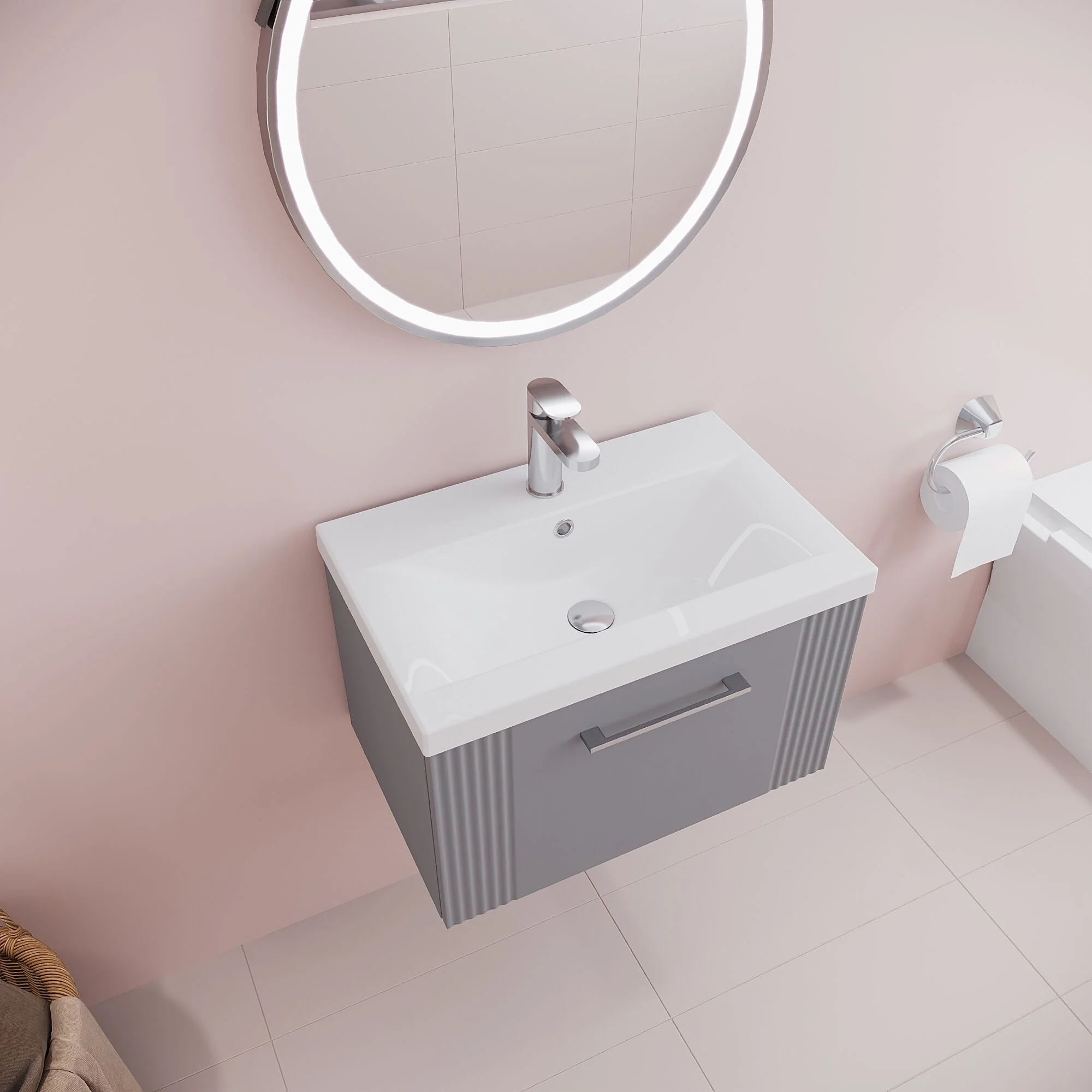 Belvide Partial Fluted 1 Drawer Wall Hung Vanity Unit with Mid-Edge 1 Tap Hole Ceramic Basin - Image 38