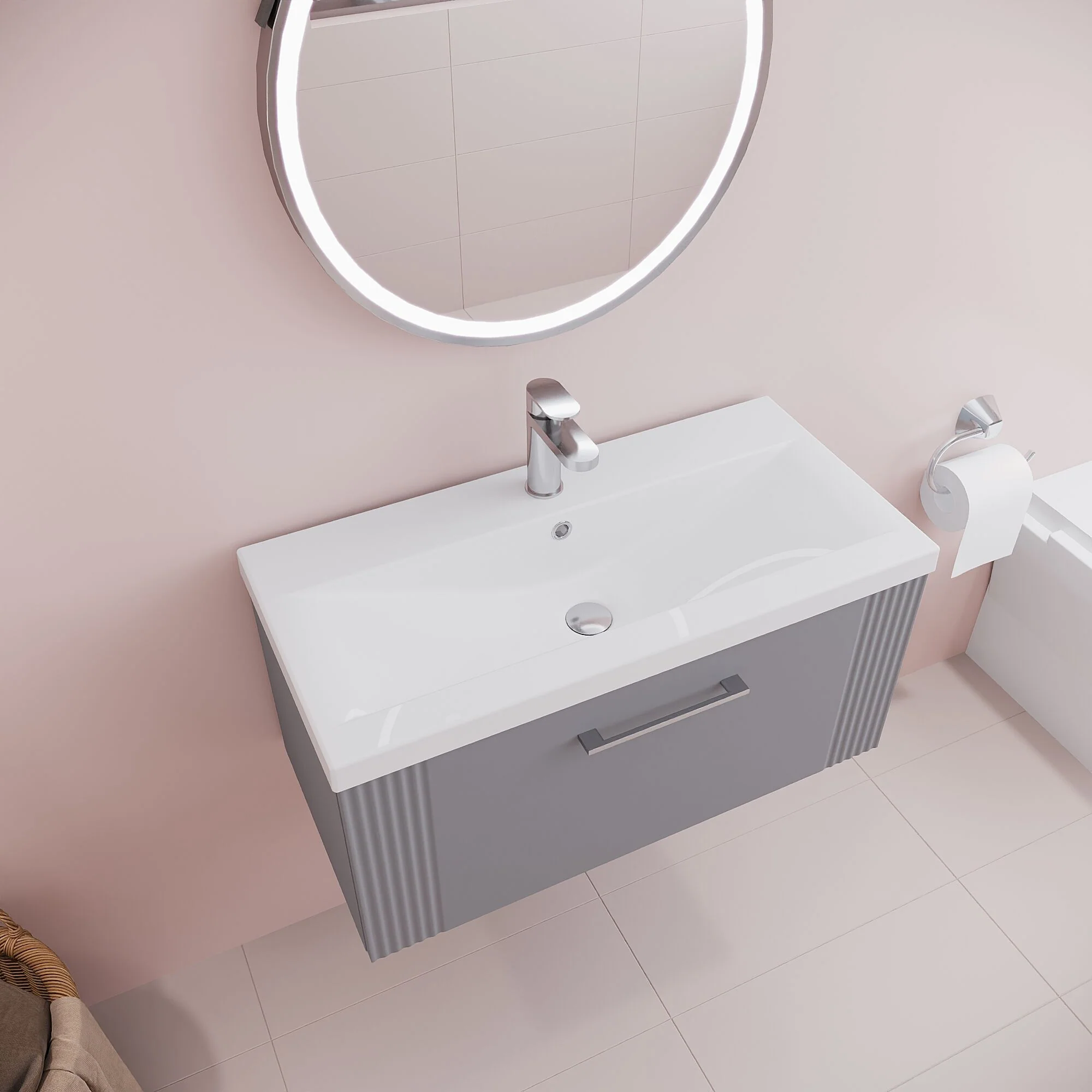 Belvide Partial Fluted 1 Drawer Wall Hung Vanity Unit with Mid-Edge 1 Tap Hole Ceramic Basin - Image 39