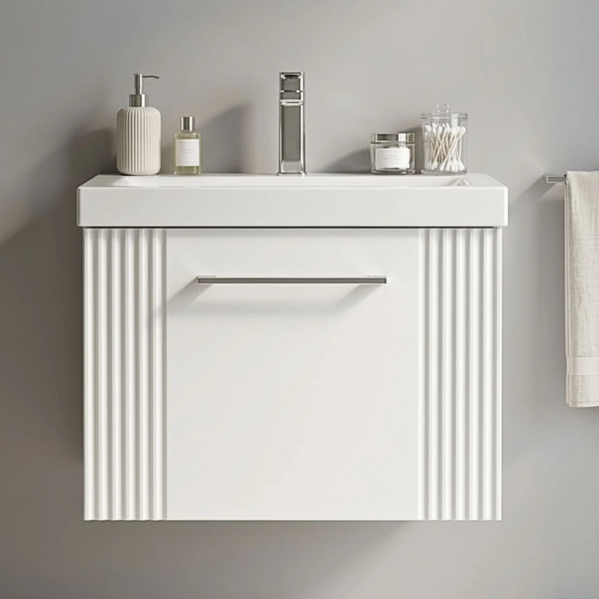 Belvide Partial Fluted 1 Drawer Wall Hung Vanity Unit with Mid-Edge 1 Tap Hole Ceramic Basin - Image 4