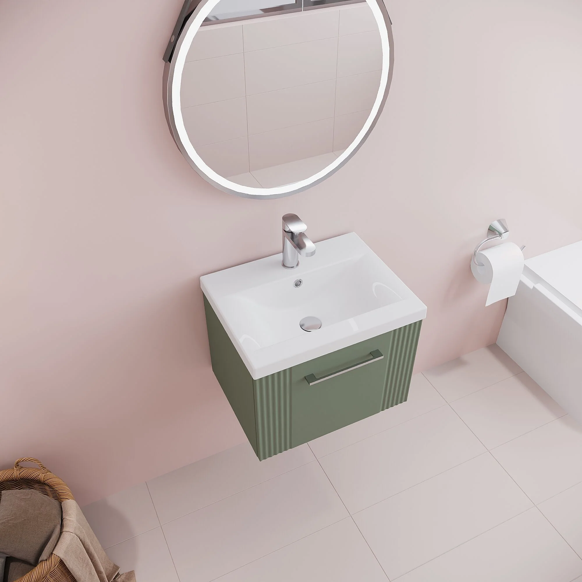 Belvide Partial Fluted 1 Drawer Wall Hung Vanity Unit with Mid-Edge 1 Tap Hole Ceramic Basin - Image 43