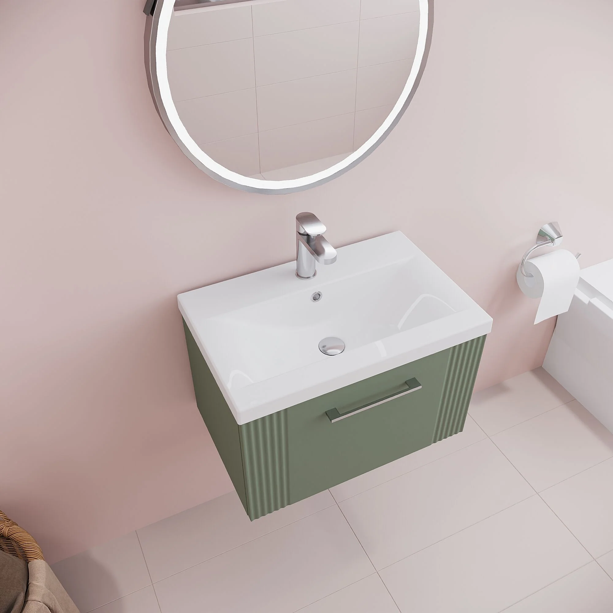 Belvide Partial Fluted 1 Drawer Wall Hung Vanity Unit with Mid-Edge 1 Tap Hole Ceramic Basin - Image 44
