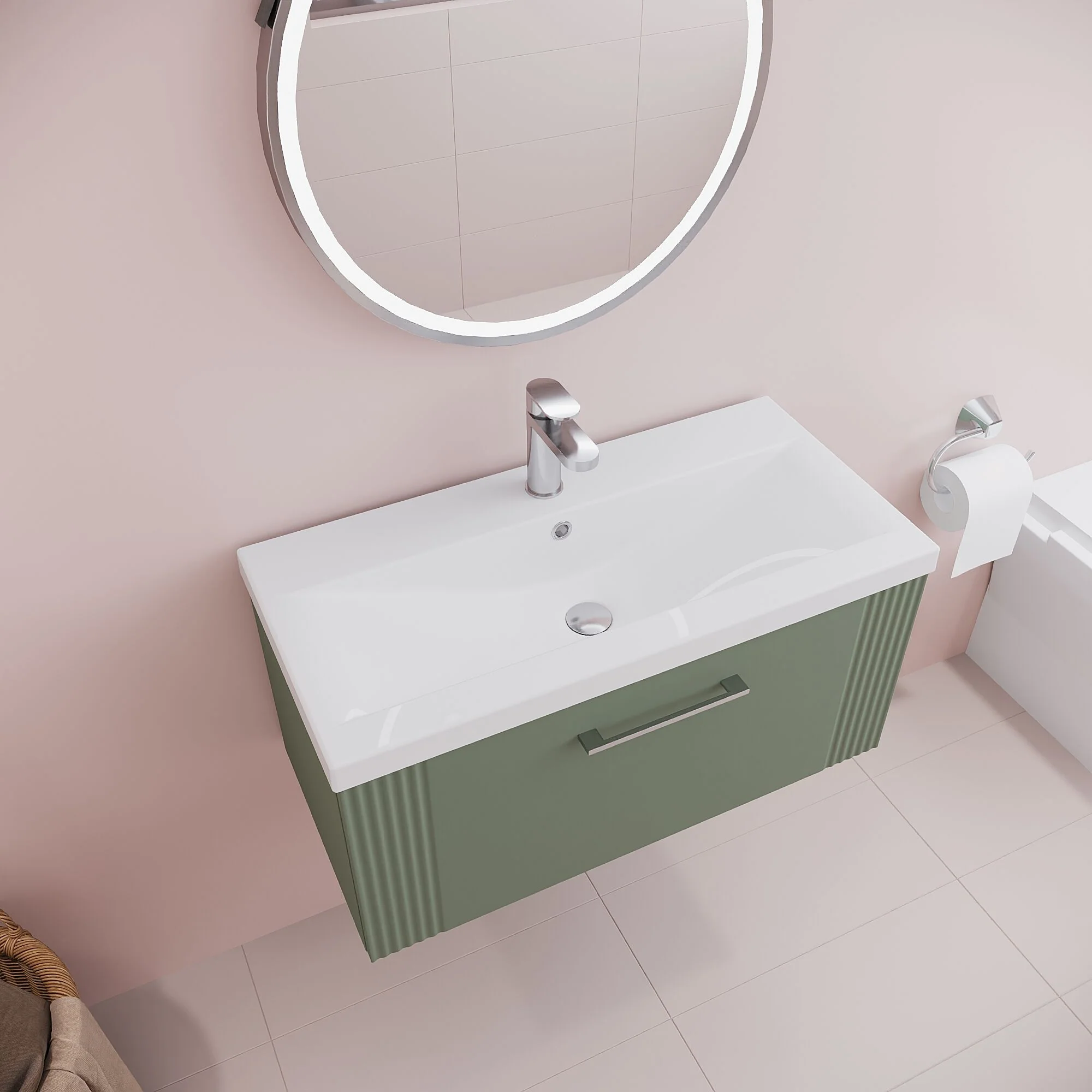 Belvide Partial Fluted 1 Drawer Wall Hung Vanity Unit with Mid-Edge 1 Tap Hole Ceramic Basin - Image 45