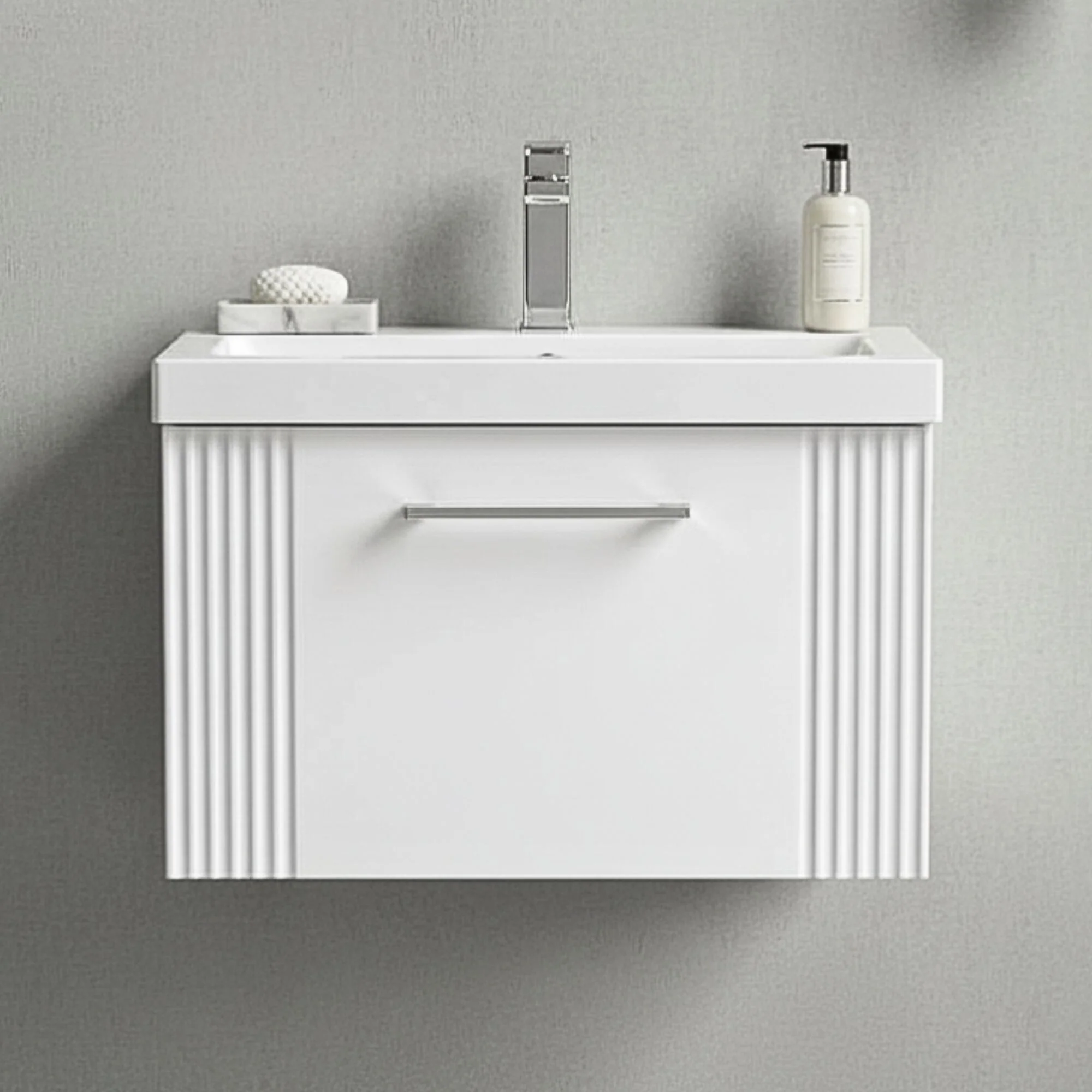Belvide Partial Fluted 1 Drawer Wall Hung Vanity Unit with Mid-Edge 1 Tap Hole Ceramic Basin - Image 5